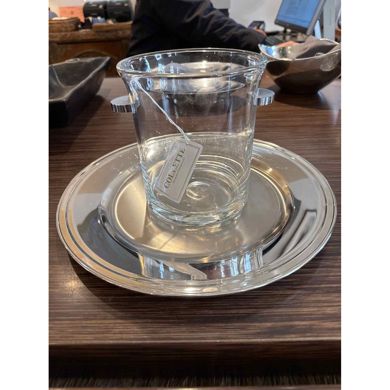 Round Stainless Steel Tray w/ Crystal Ice Bucket w/ Handles, by Guy Degrenne