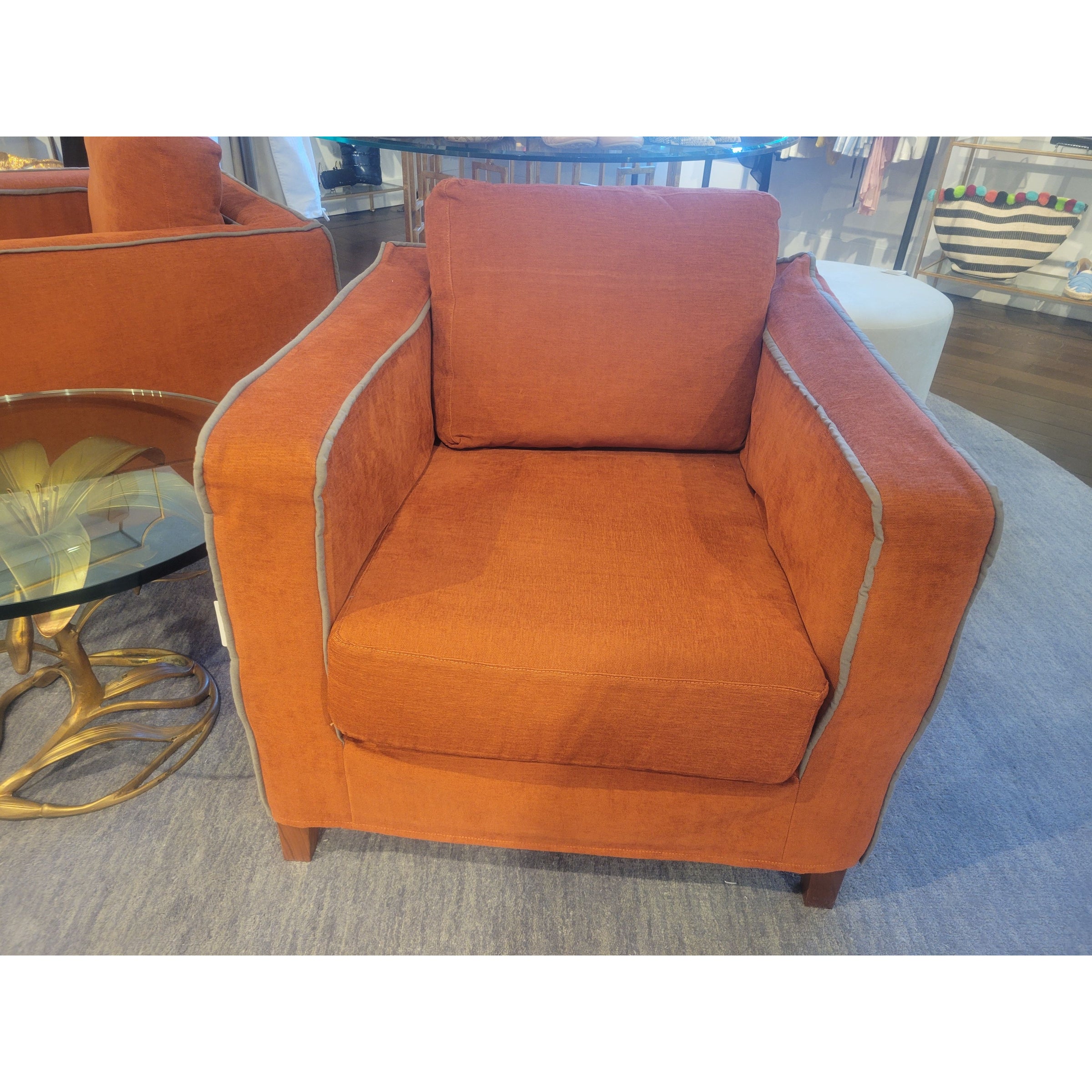 PAIR of Orange Linen Square Lounge Arm Chairs w/ Gray Piping by Flexteam