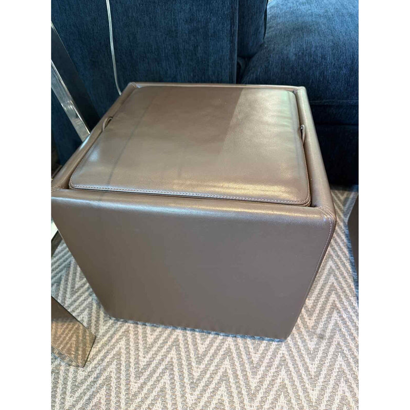 Brown Leather Storage Ottoman w/ Flip Top Wood Tray on Casters by DWR - colletteconsignment.com