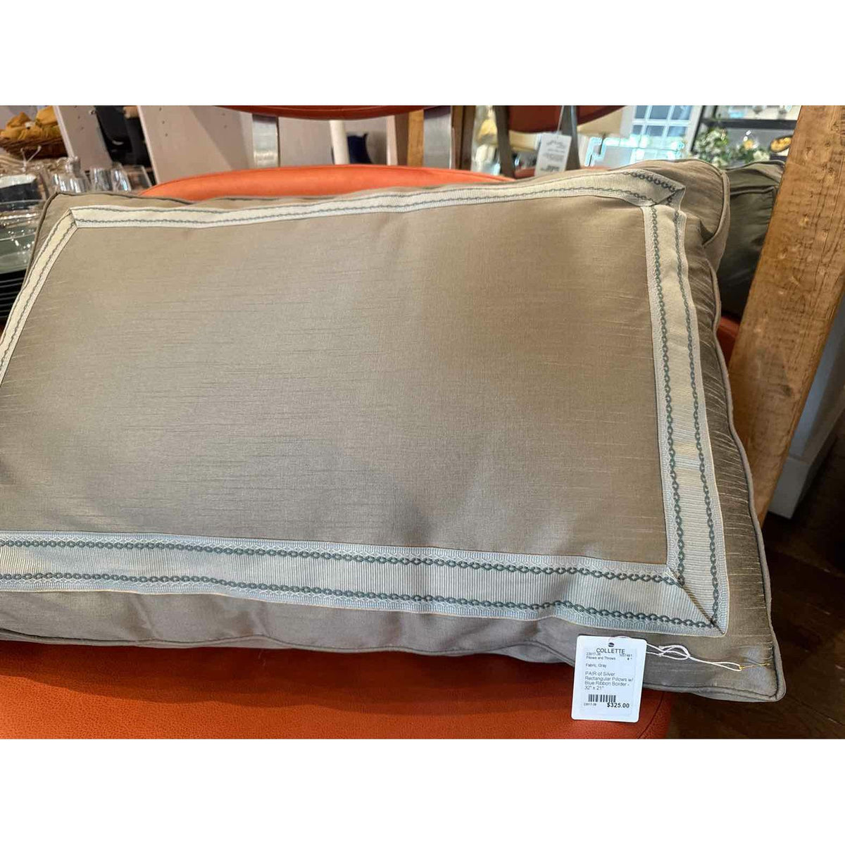 PAIR of Custom Silver Rectangular Pillows w/ Blue Ribbon Border - colletteconsignment.com