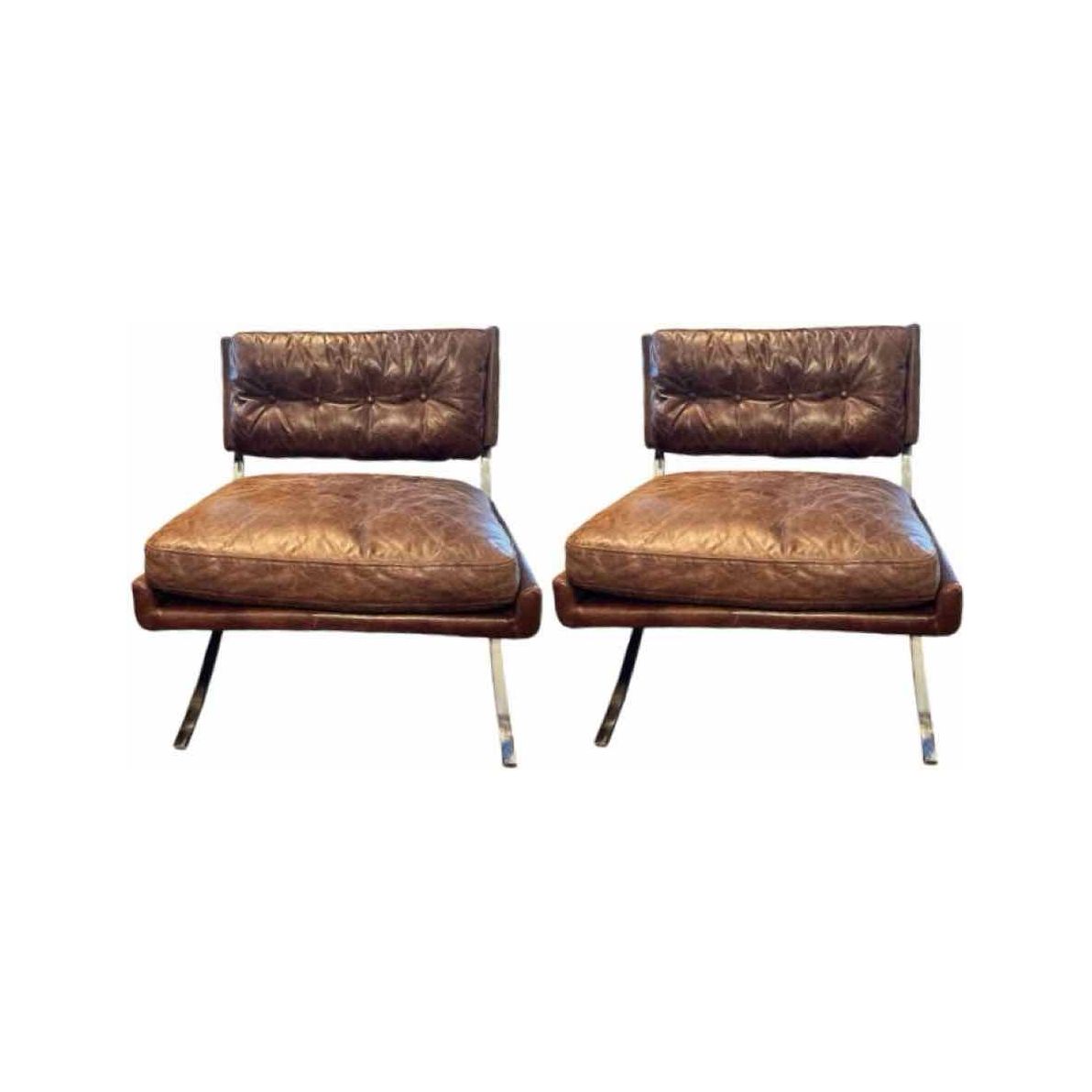 Pair of Barcelona Style Chairs in Saddle Brown Distressed Leather 30"Wx30"Dx32"H