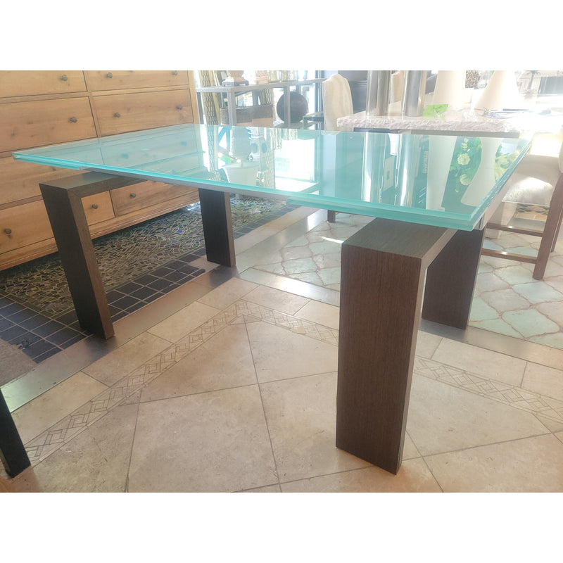 Frosted Glass Extension Dining Table on Wood Veneer Legs (AS IS) - colletteconsignment.com
