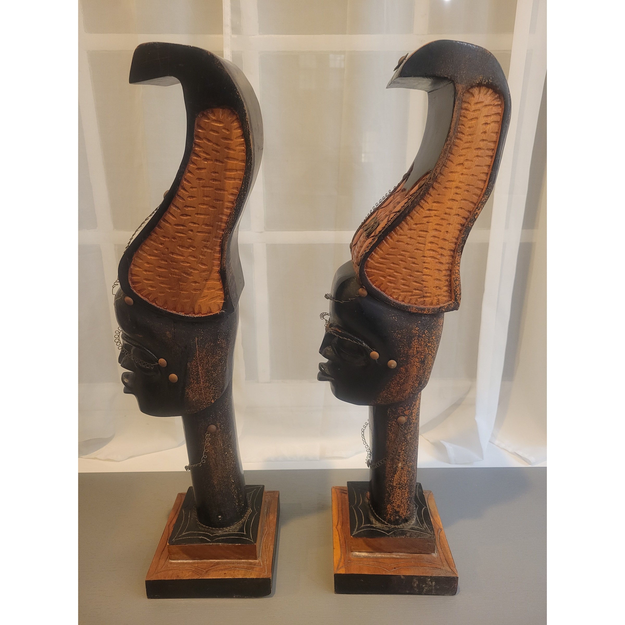 PAIR of African Carved Wood Head Sculptures
