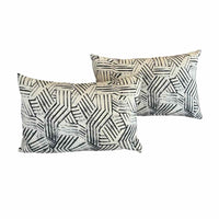 Pair of Natural Linen Lumbar Pillows w/ Black Rectangular Ethnic Print