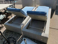 PAIR of White Wicker Chaise Lounges w/ Blue Cushions by Frontgate (AS IS)