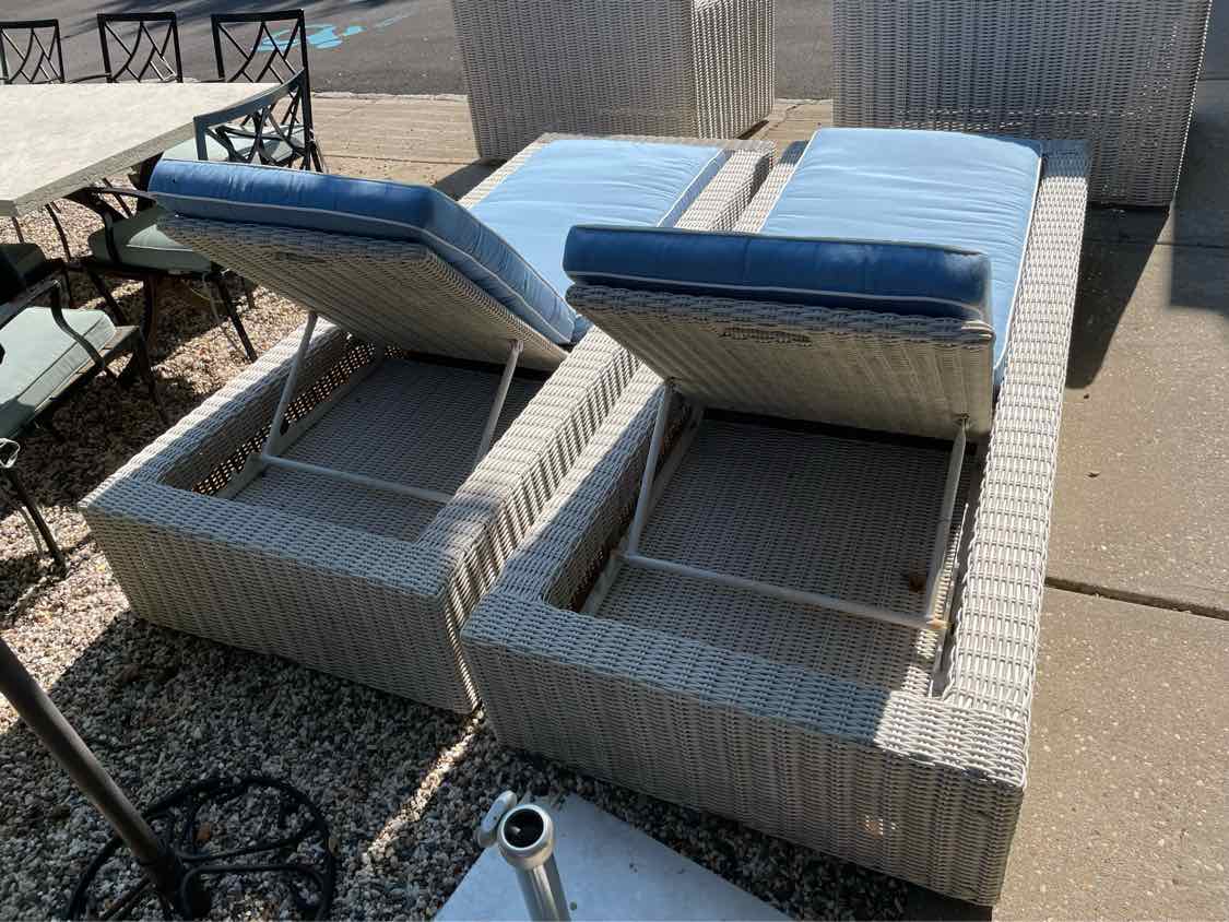 PAIR of White Wicker Chaise Lounges w/ Blue Cushions by Frontgate (AS IS)