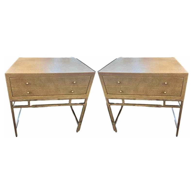 Pair of Somerset Night Stands Pebble on Raffia / Base: Nickel