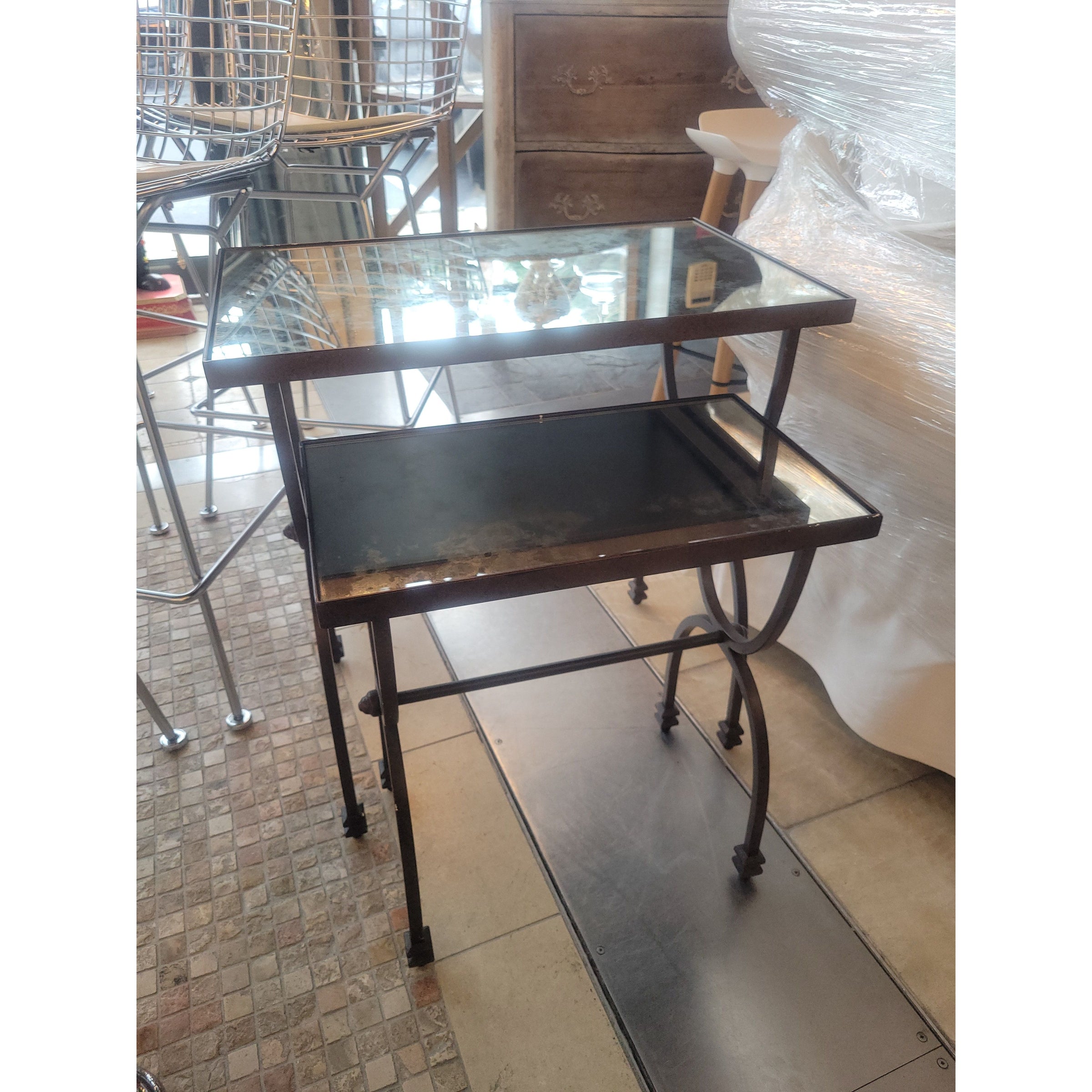 PAIR of Black Metal Nesting Tables w/ Mirror Glass Tops (AS IS)