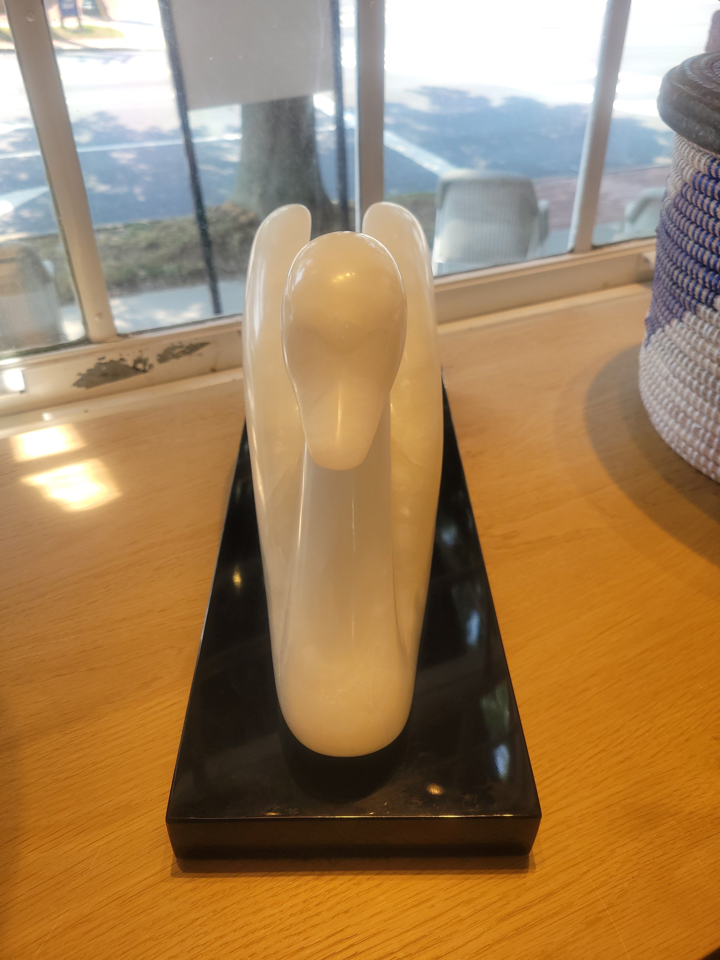 'Swan II' White Alabaster Sculpture on Marble Base by Robert L. Hooke