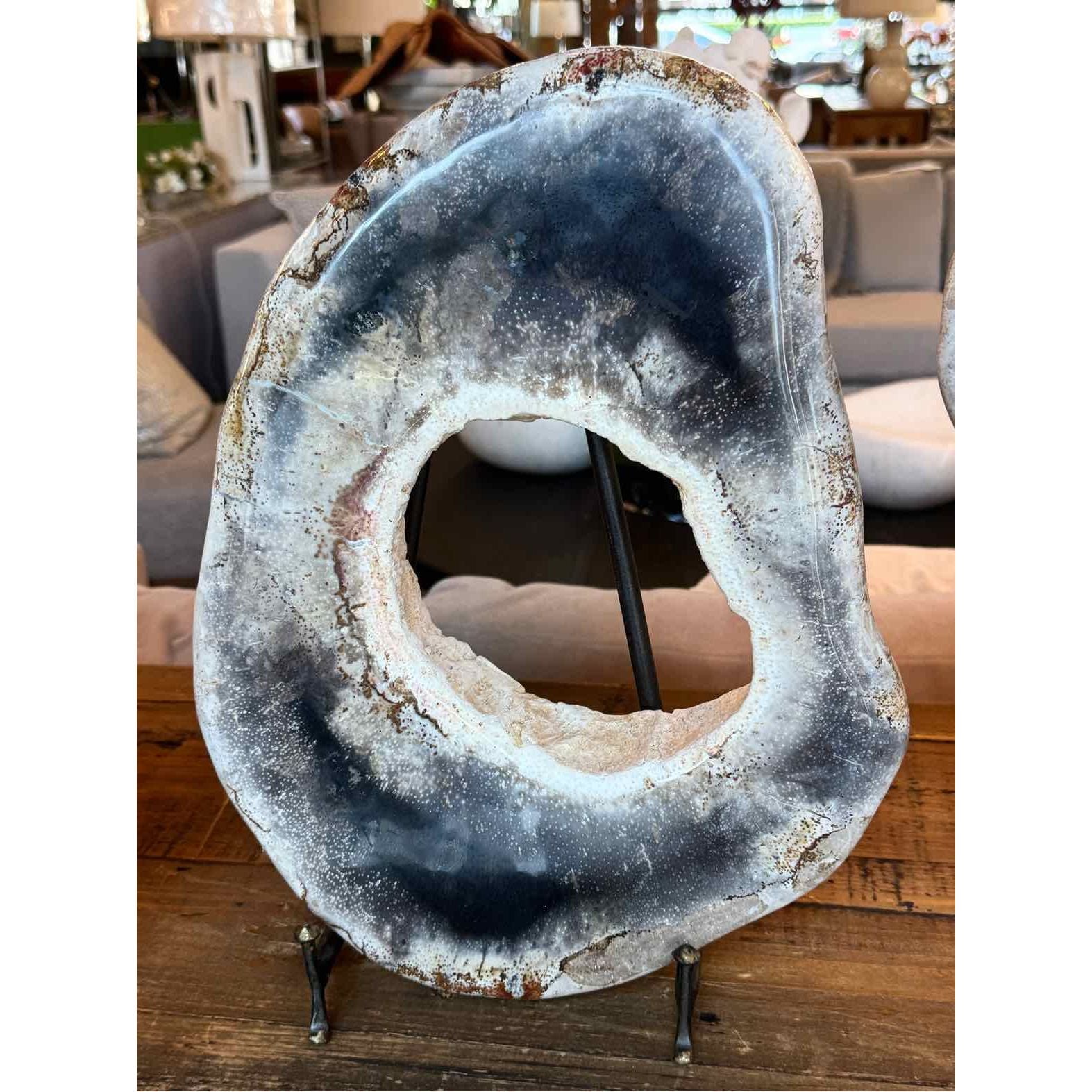 Petrified Wood Ring Sculpture on Iron Stand