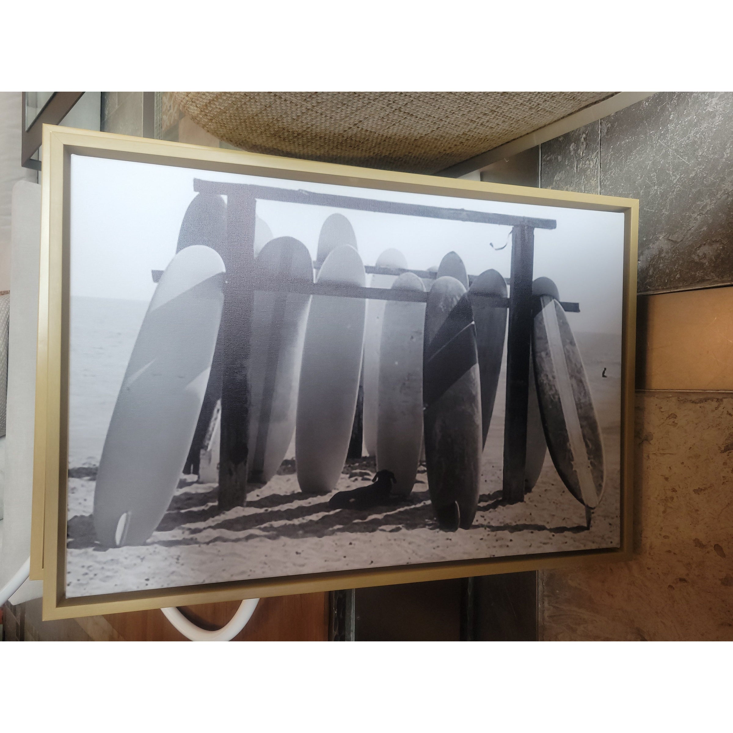 B&W Beach Surfboards Photograph on Canvas in Floating Wood Frame