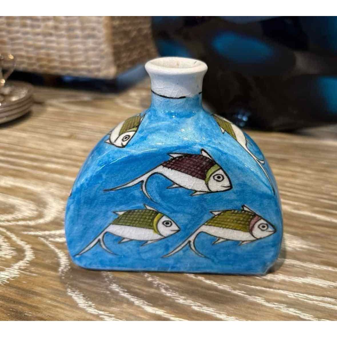 Vintage Persian Clay Pottery Vase w/Fish, 5.25"L x 2.5"W x 5"H - colletteconsignment.com