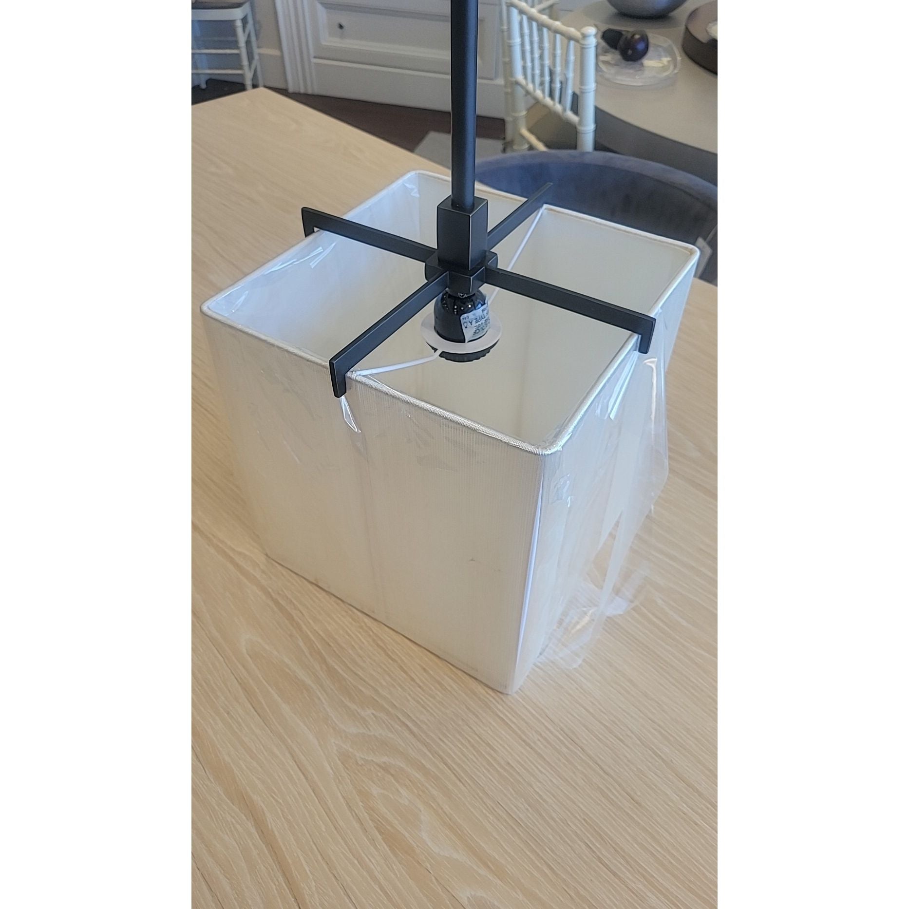 Boxus Black Brass Single Pendant w/ Beige Shade by Sonneman