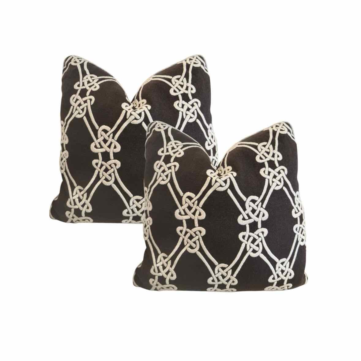 PAIR of Custom Brown & Off-White Nautical Knots Embroidered Square Pillows