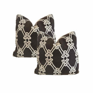PAIR of Custom Brown & Off-White Nautical Knots Embroidered Square Pillows