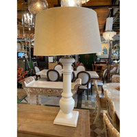 PAIR of XL White Plaster & Brass Table Lamps w/ Tan Shades (AS IS)