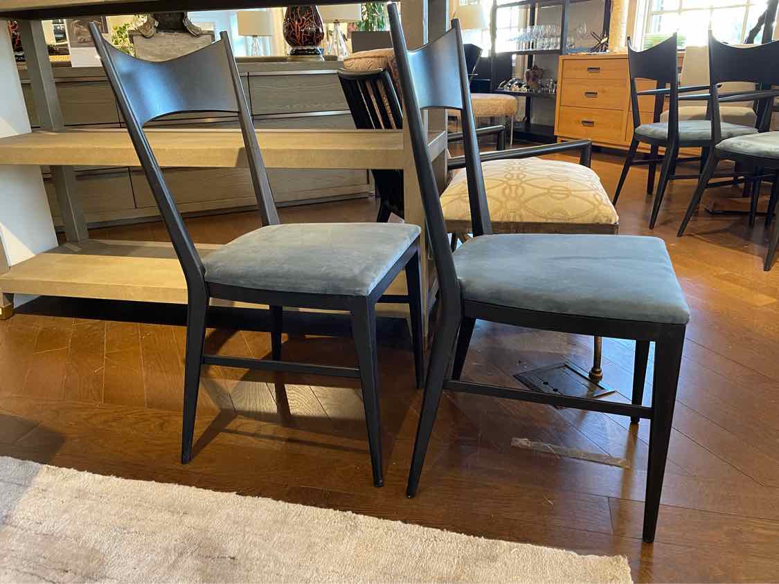 SET of 8 Black Wood Dining Chairs w/ Blue Velvet Seats by Paul McCobb
