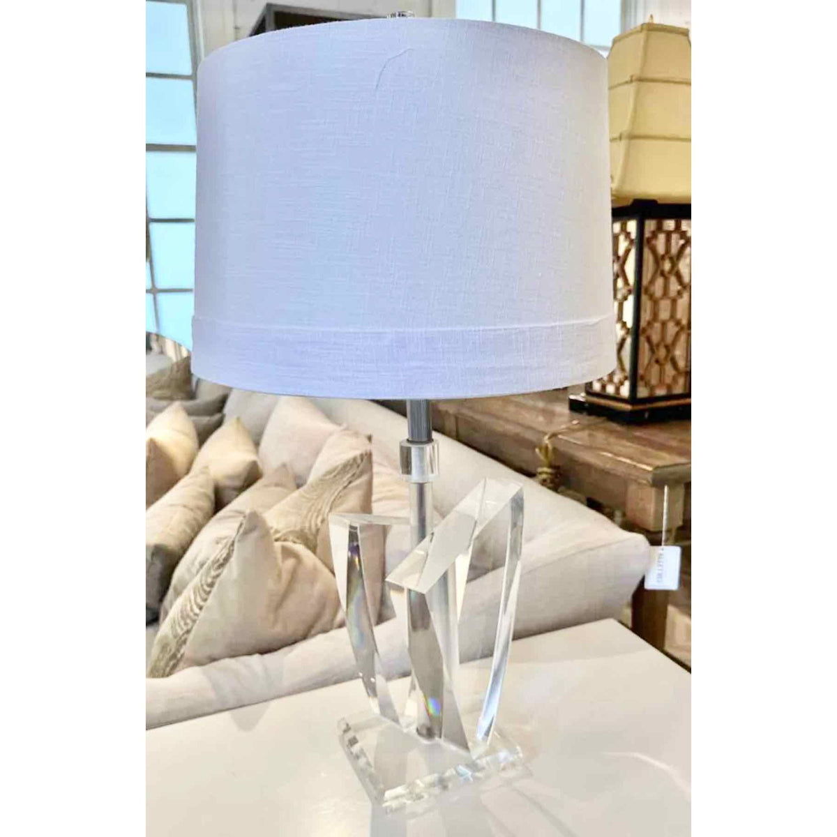 Mid-Century Table Lamp w/ White Linen Shade 16"Diam X 30"H