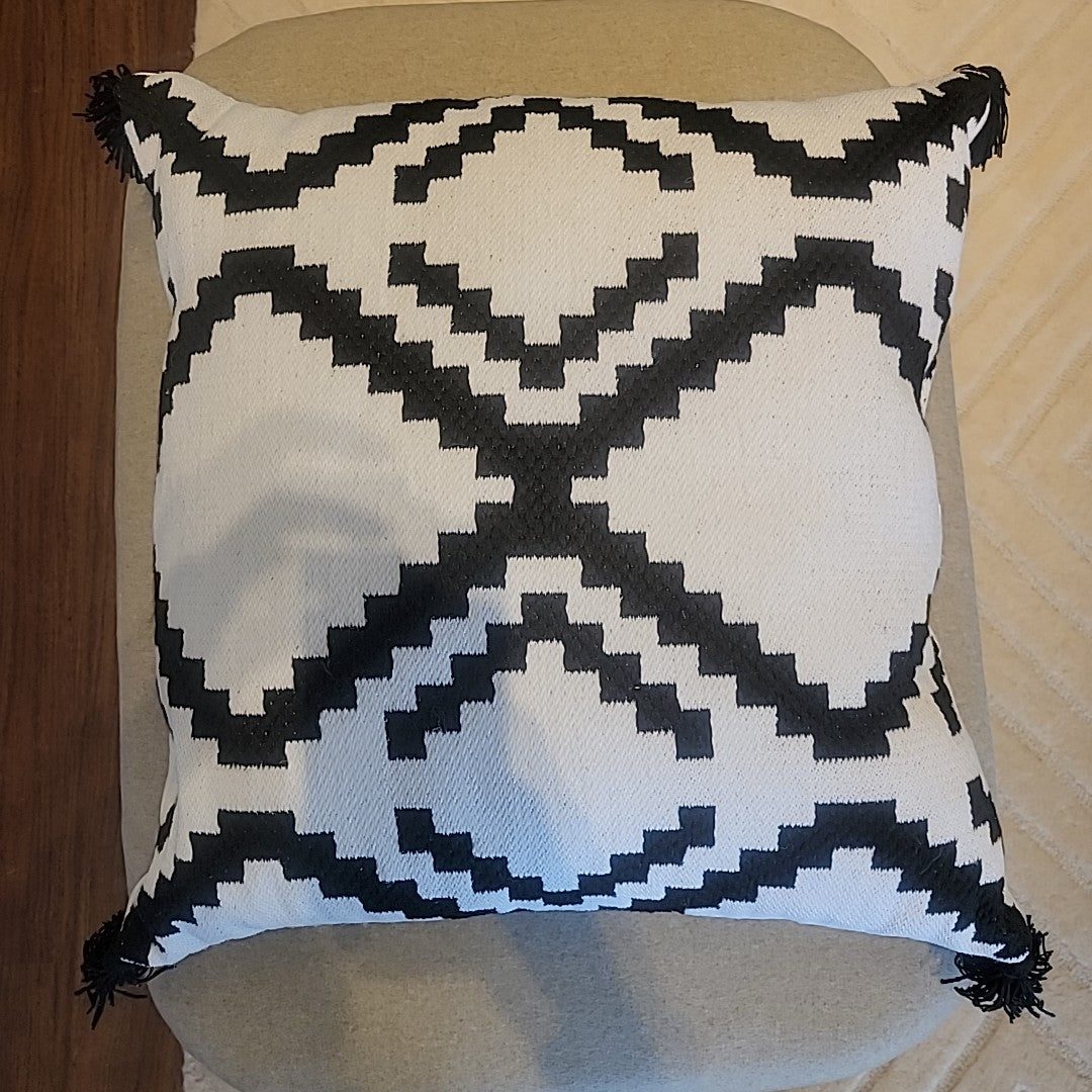 White & Black Tassle Square Pillow