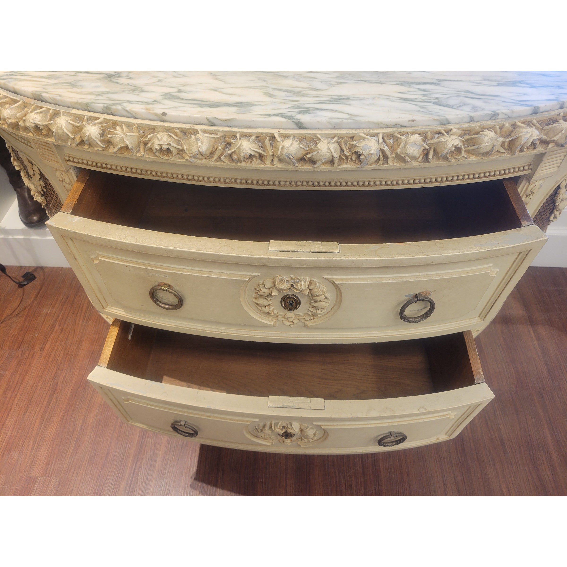 Vintage Demilune Commode w/ Carved Roses & Marble Top (AS IS)
