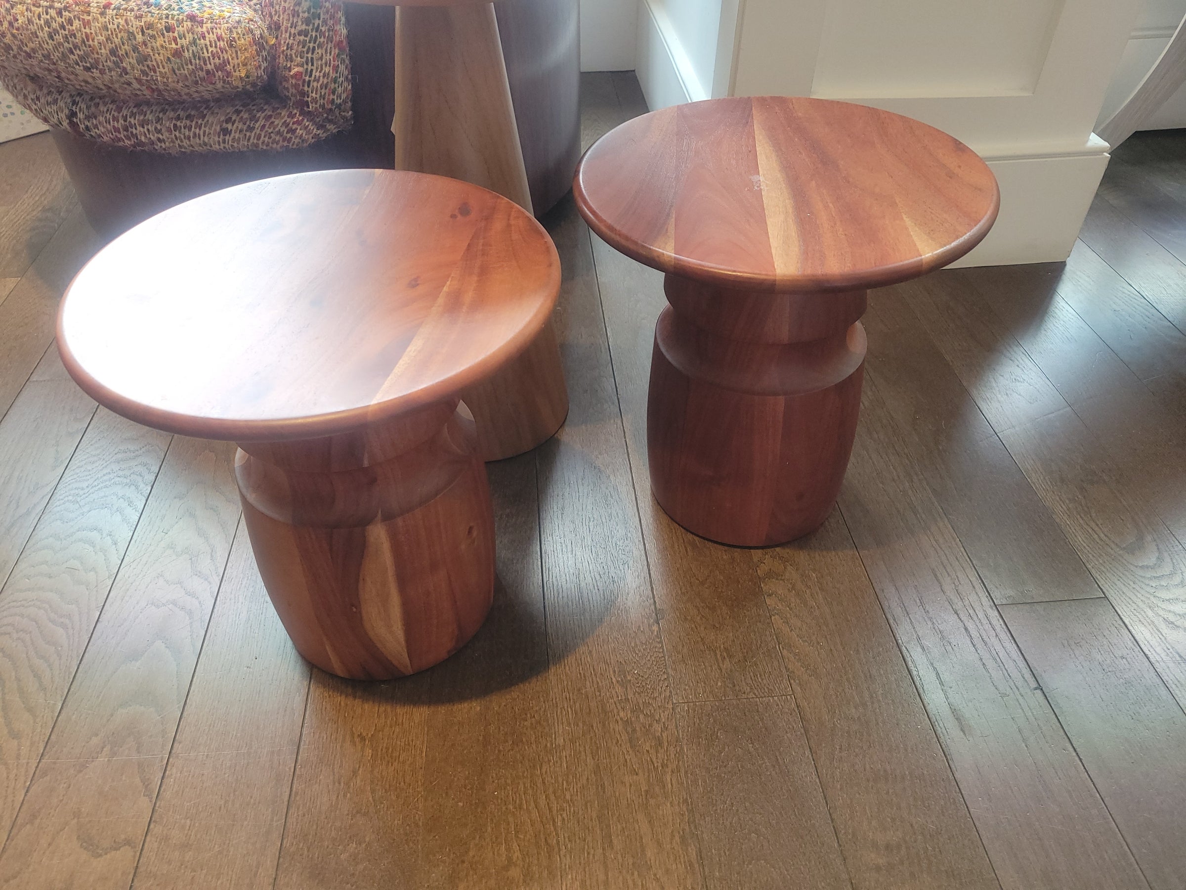 PAIR of Short Round Cherry Wood Pedestal Side Tables