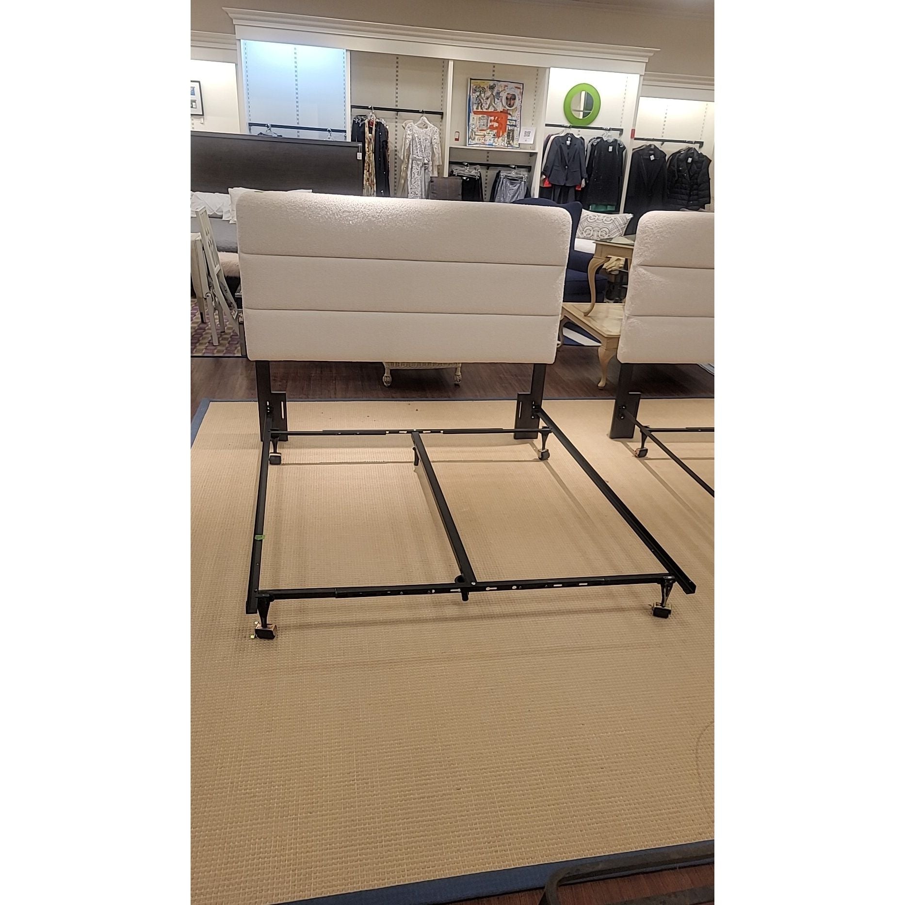 Queen-Sized Metal Bed Frame w/ White Boucle Headboard