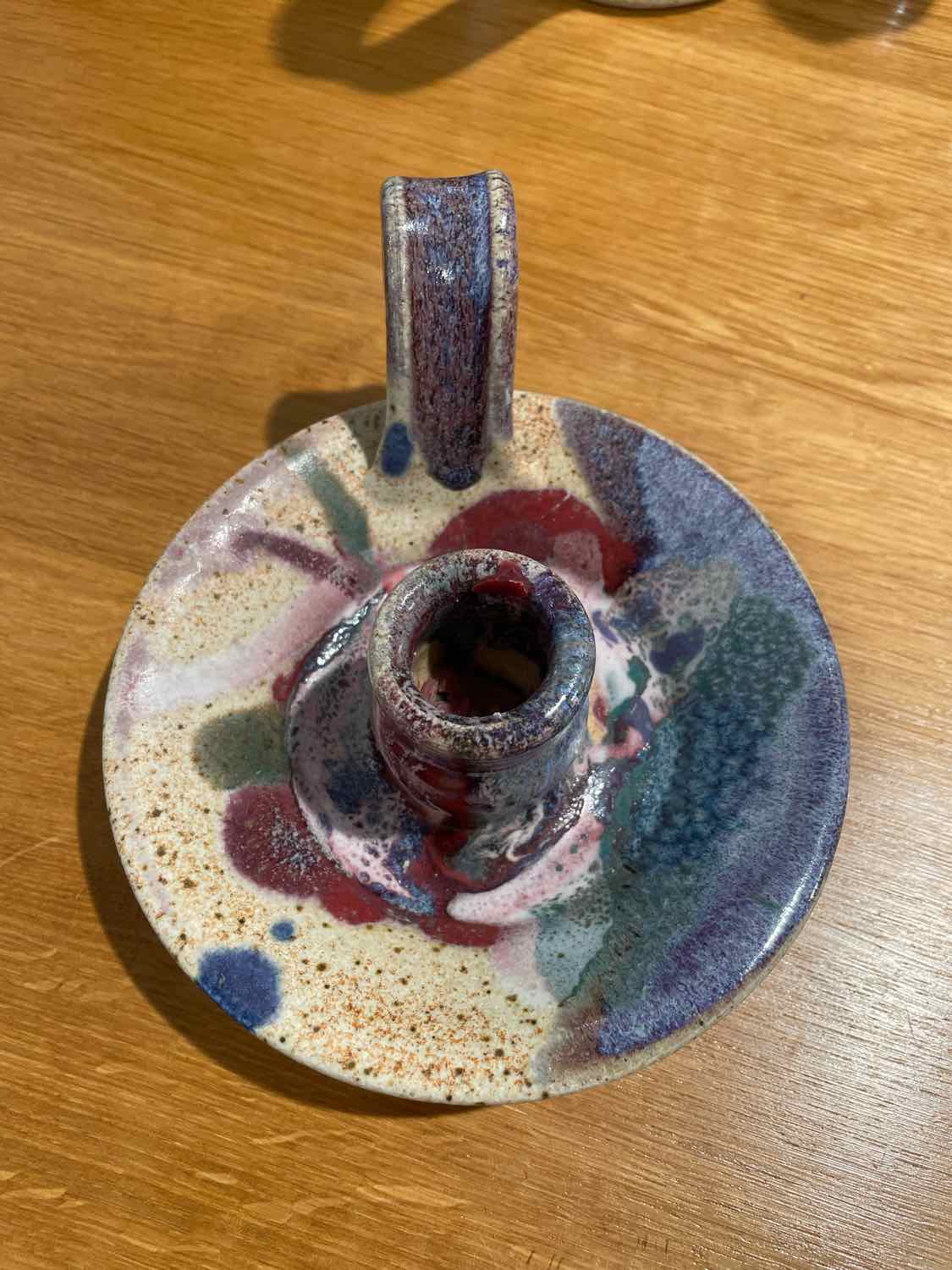 Blue Painted Pottery Candlestick Holder