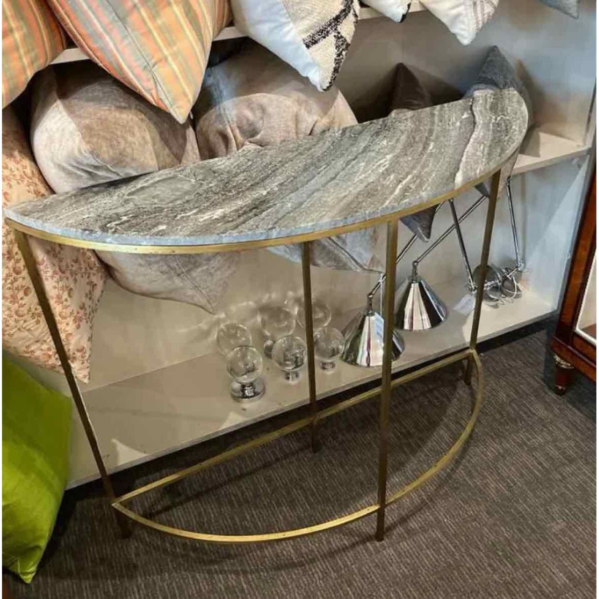 Brass and Marble Top Demi-Lune Console Table