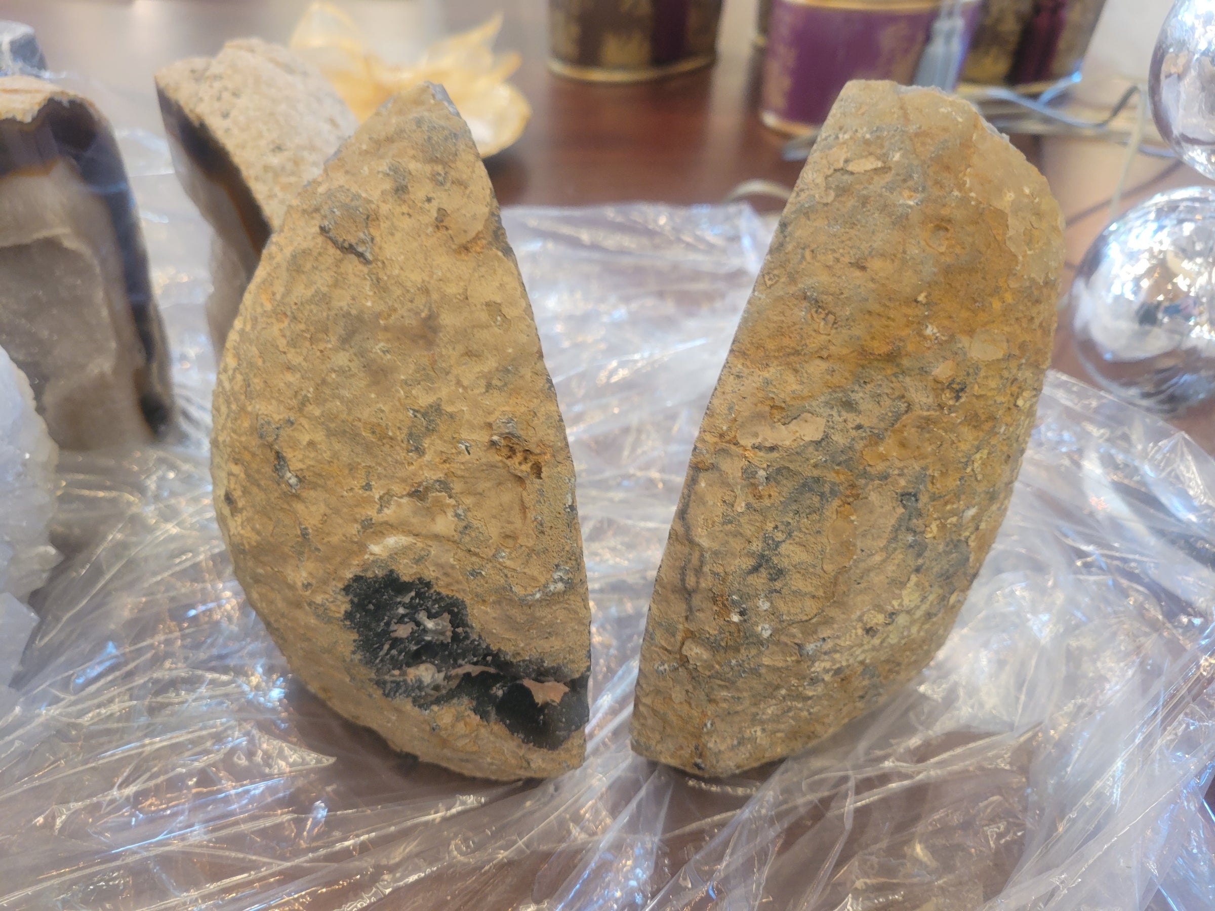 Pair of Black Agate Geode Bookends