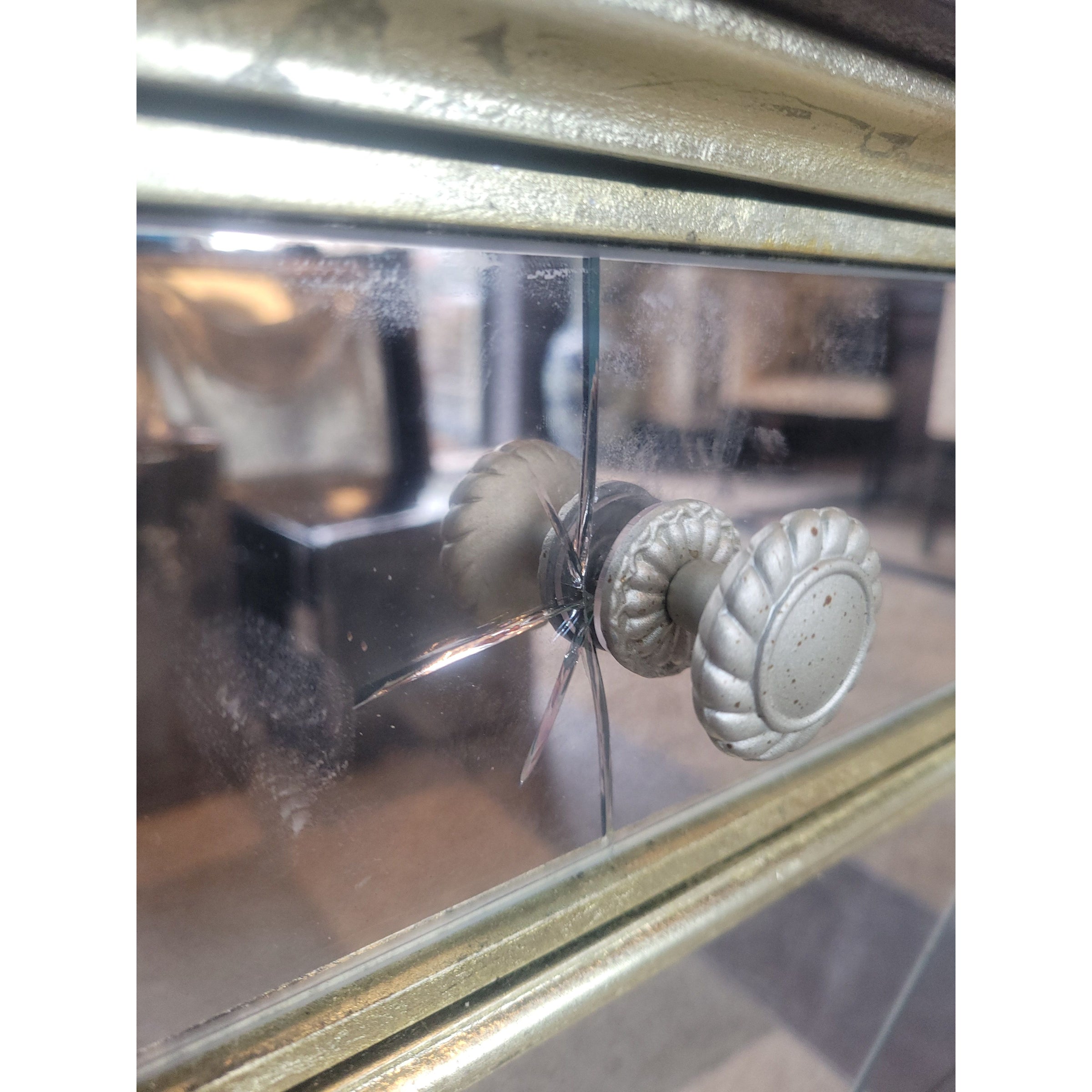 PAIR of Mirrored Glass Nightstands w/ Black Stone Tops (AS IS)