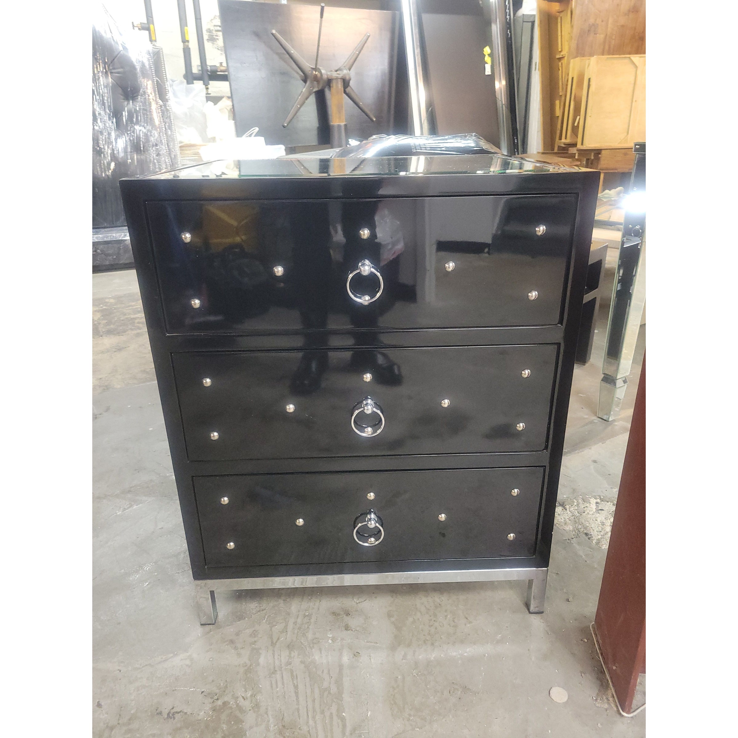 Black Lacquer & Nickel 3-Drawer Nightstand w/ Mirror Top by Worlds Away