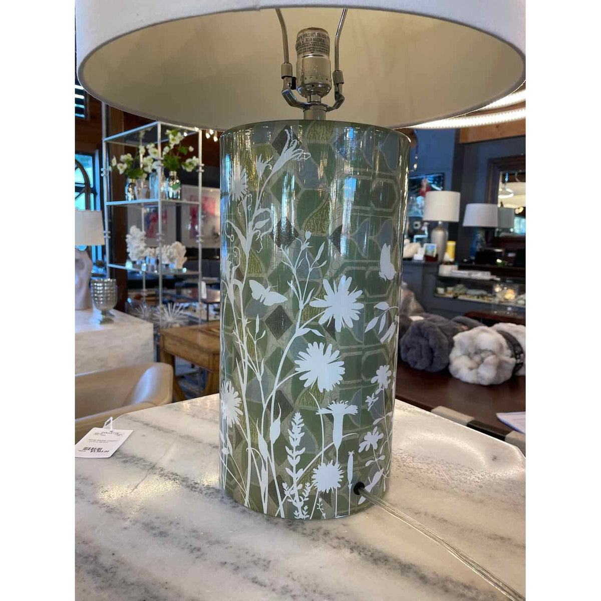 PAIR of Garden Theme Green Metallic Glass Table Lamps w/ Shades - colletteconsignment.com