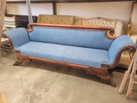 19th C. American Empire Mahogany Scroll-Arm Sofa w/ Blue Upholstery
