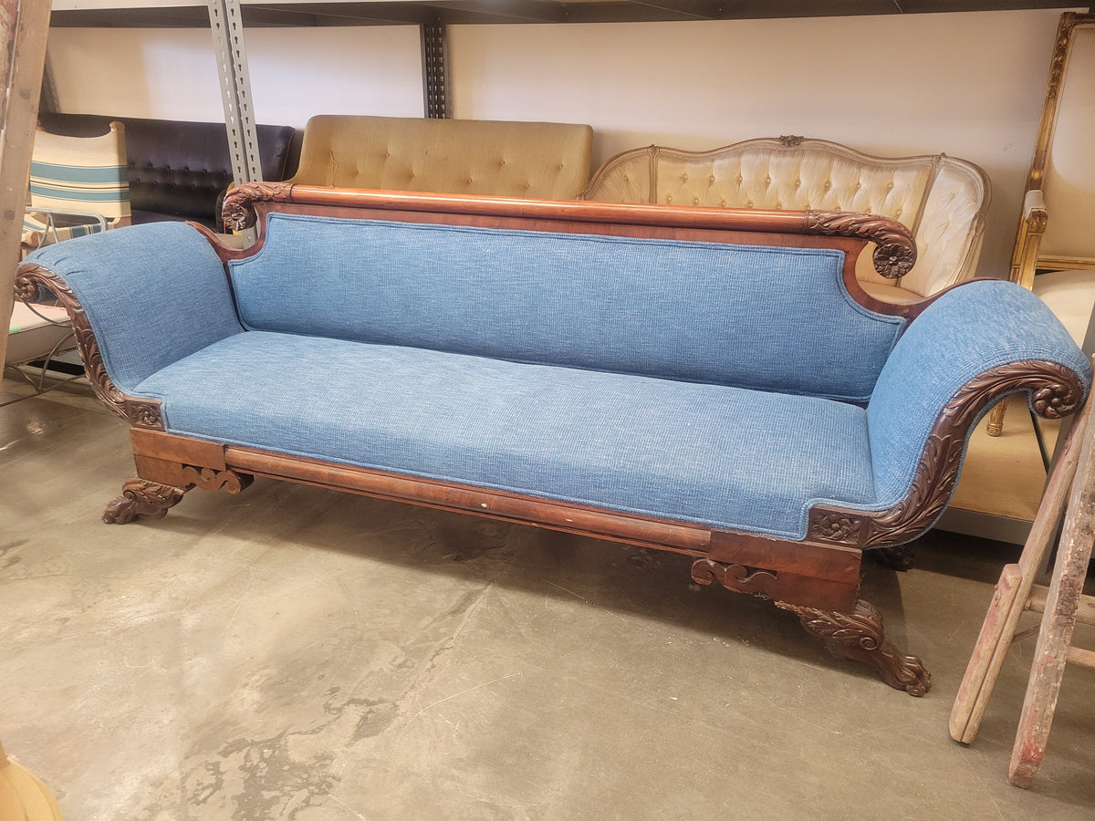 19th C. American Empire Mahogany Scroll-Arm Sofa w/ Blue Upholstery