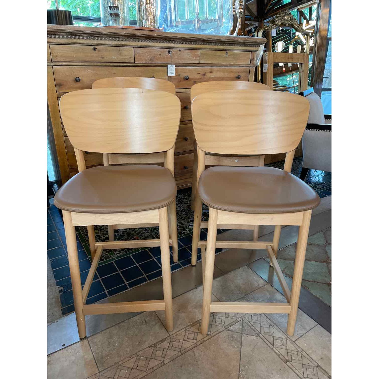 SET of 4 Leather & Wood Valencia Counter Stools by Ton (AS IS)