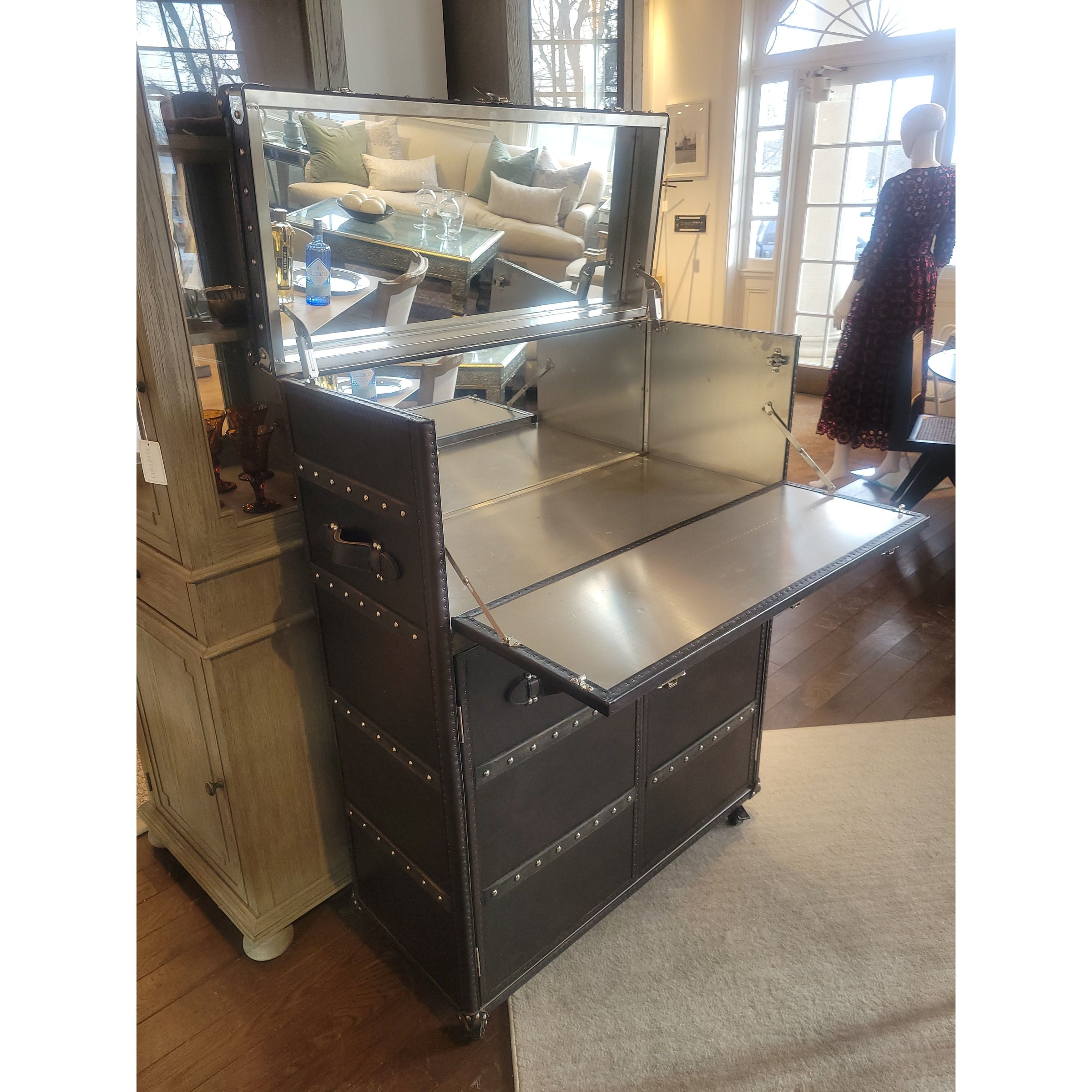 Vintage Black Leather & Steel 'Mayfair' Steamer Trunk Rolling Bar by RH - colletteconsignment.com