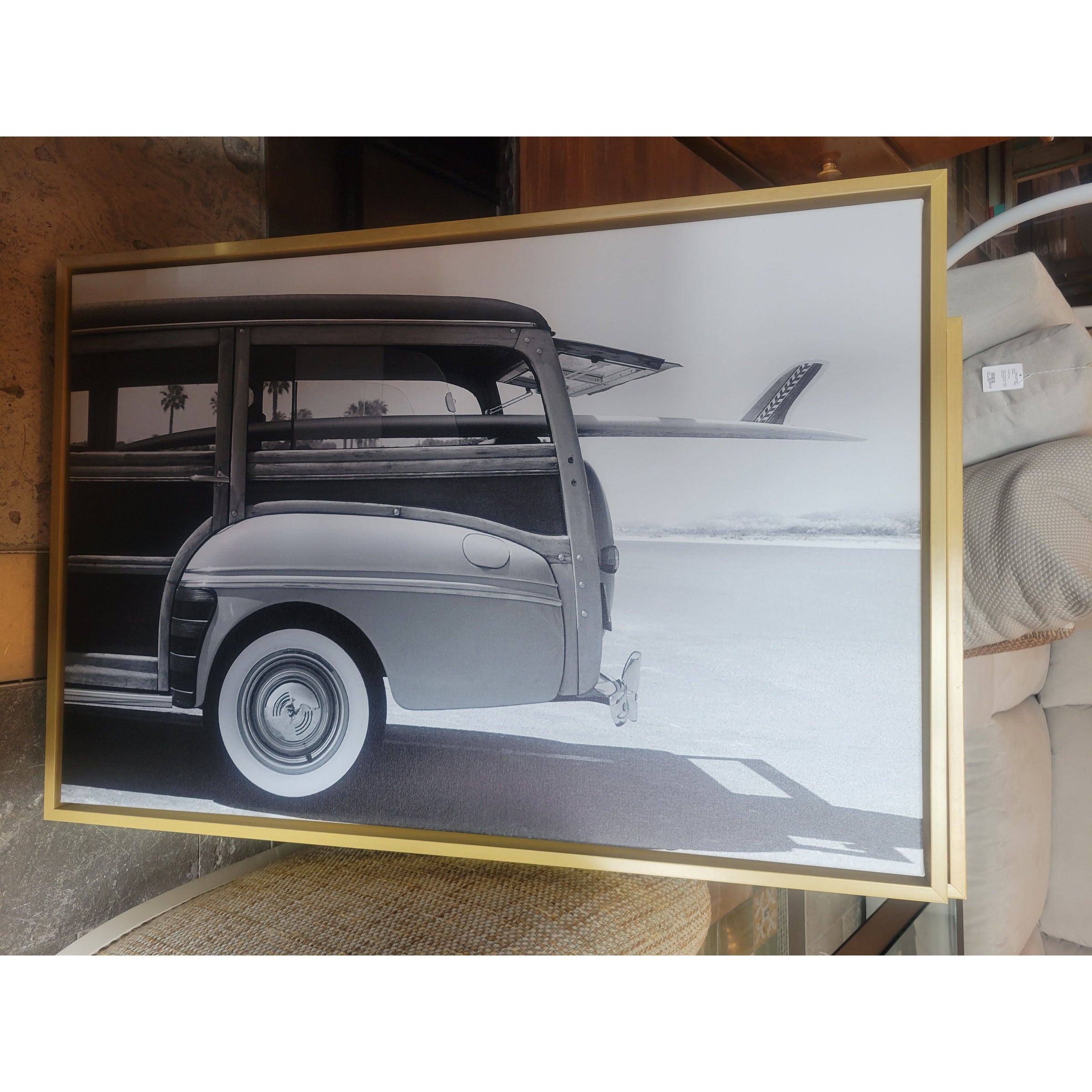 B&W Beach Car Photograph on Canvas in Floating Wood Frame