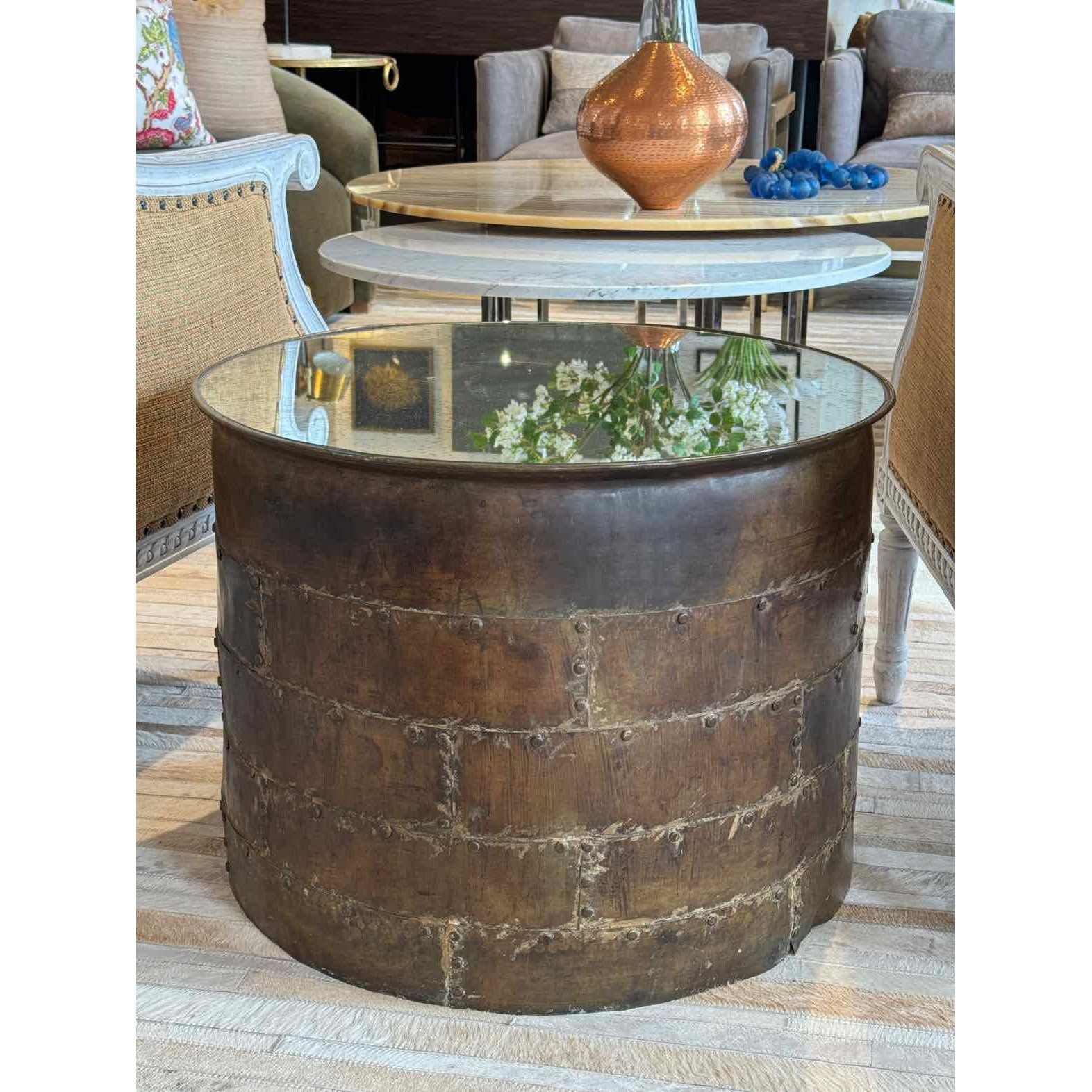Vintage Metal Drum Coffee Table w/ Antiqued Mirror Glass Top - colletteconsignment.com