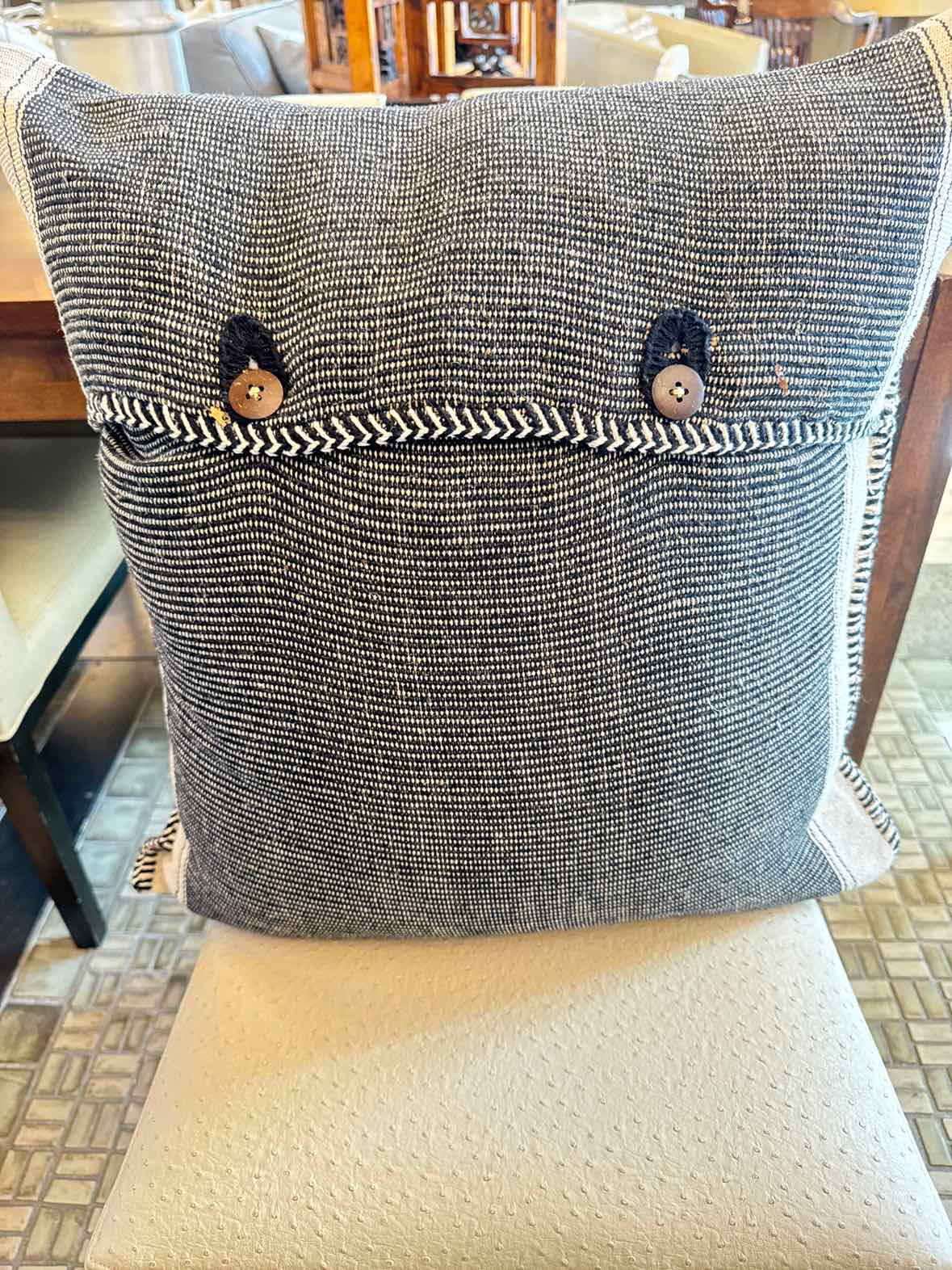 Large Black & Cream Stitched Pillow W/ Button Details