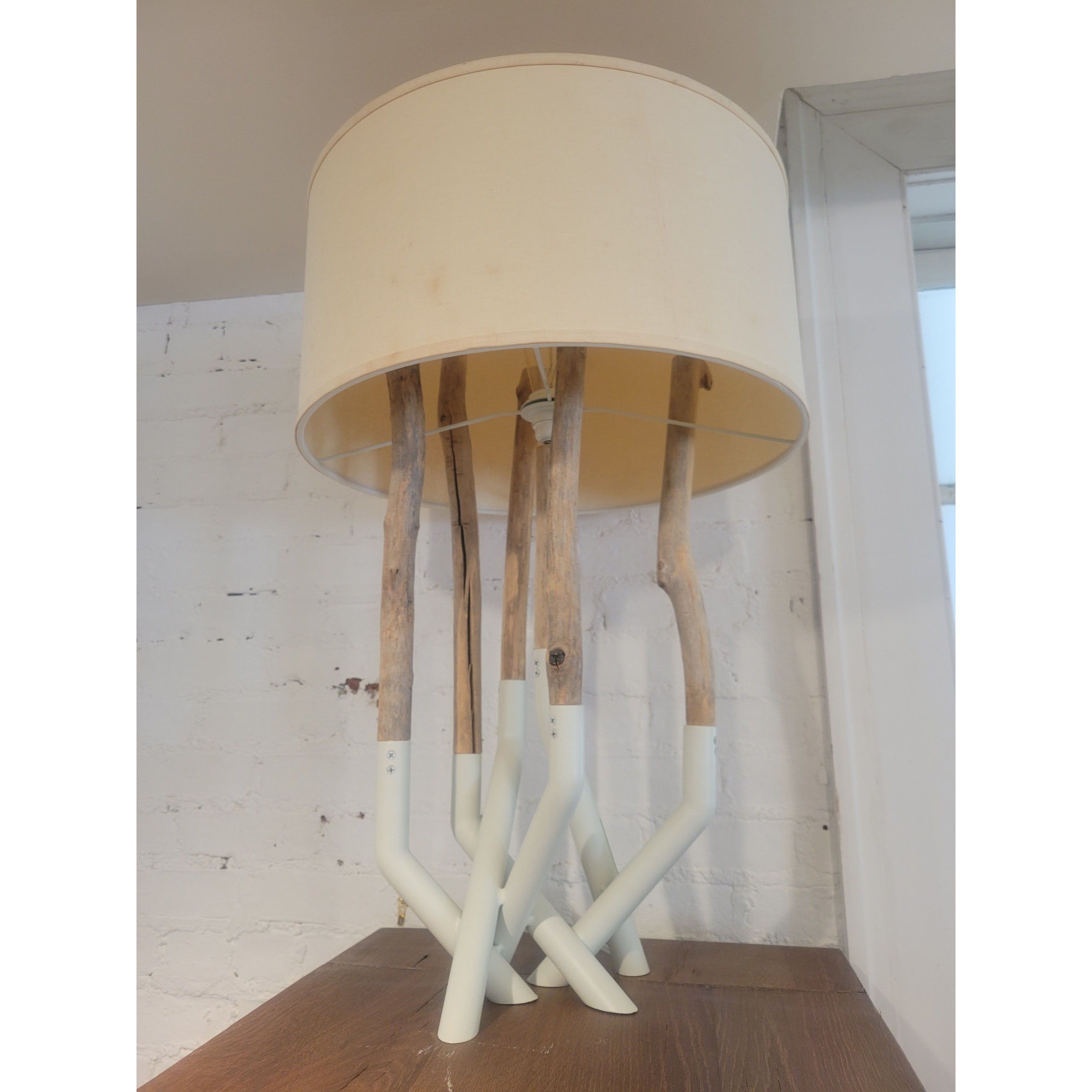 White Painted Driftwood Table Lamp w/ Shade (AS IS)