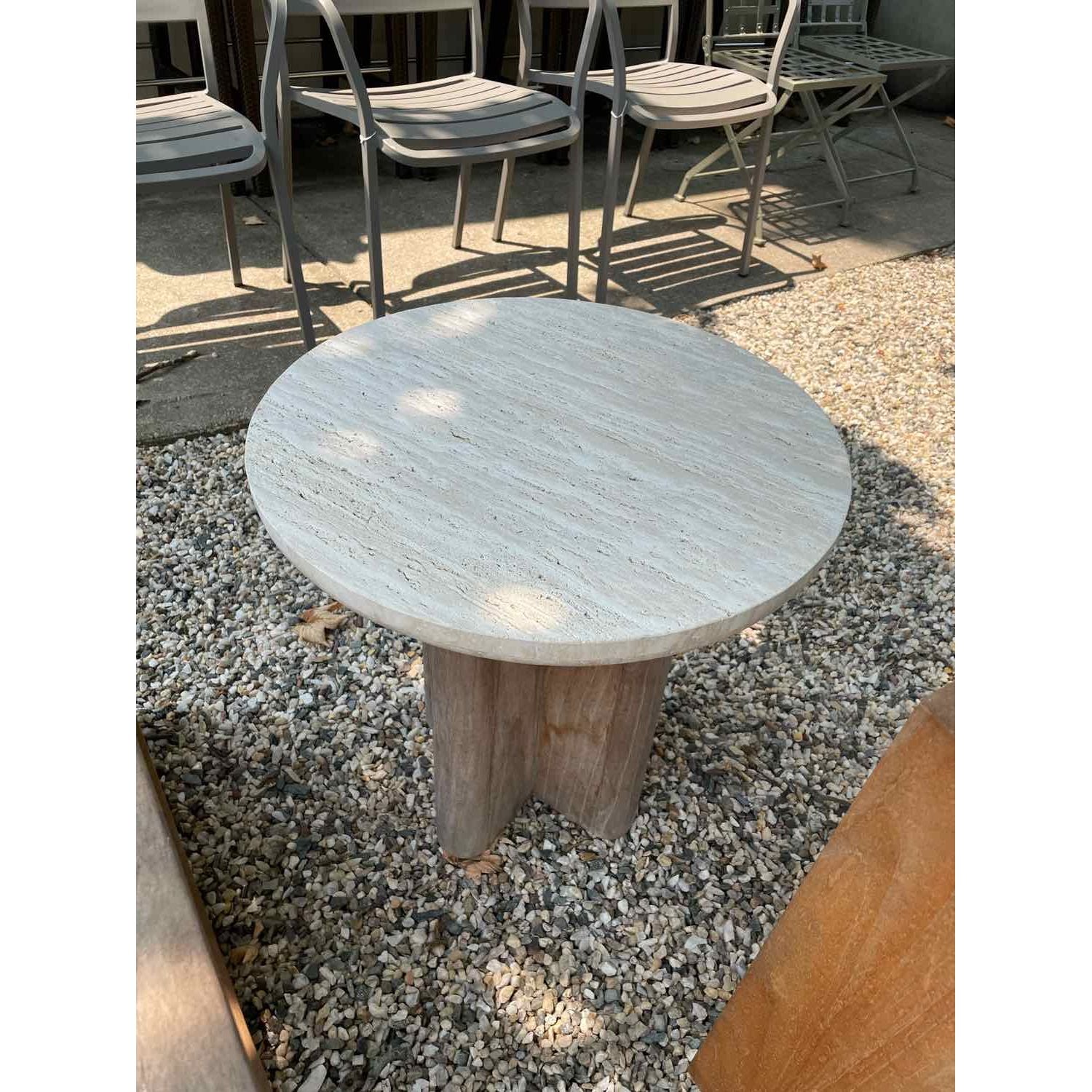 Victoria Teak Side Table w/ Round Travertine Top by Harbour (AS IS)