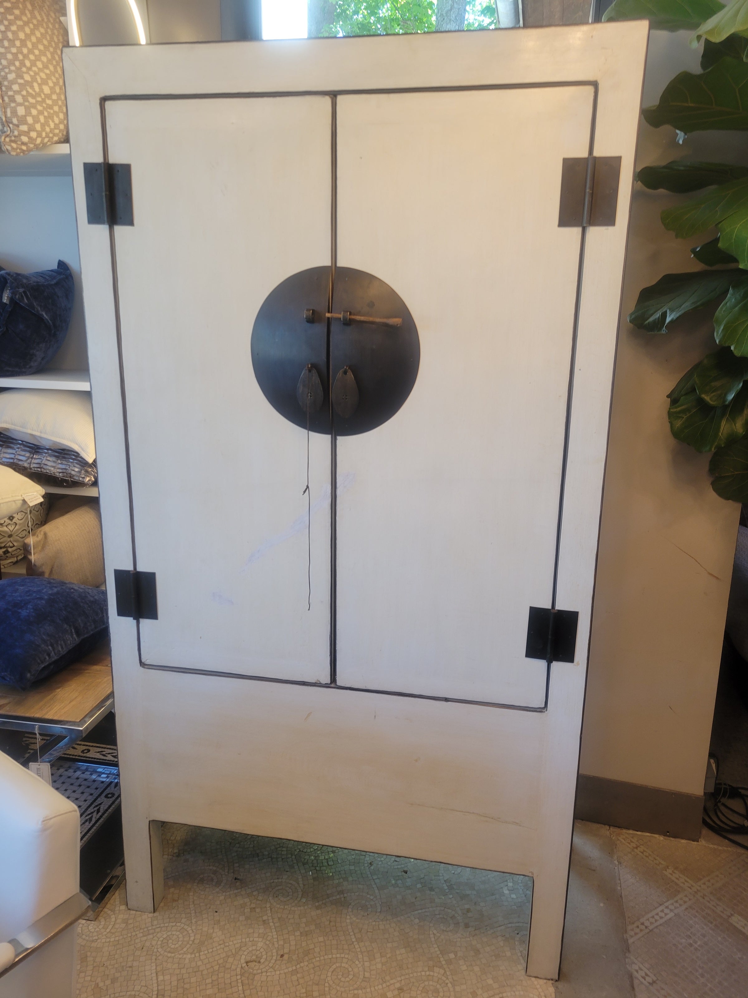 Vintage White Asian Armoire w/ Metal Hardware (AS IS)
