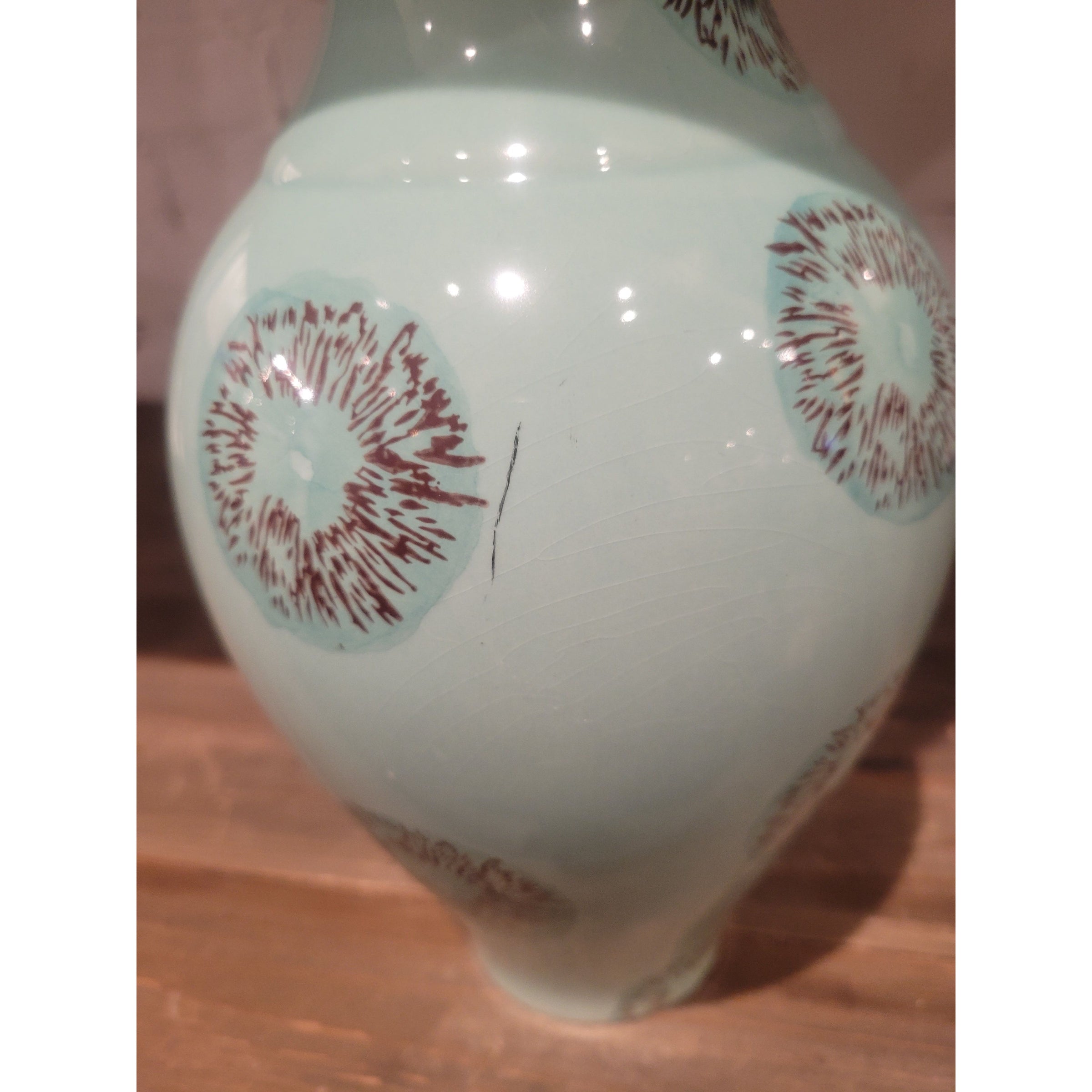 Mid-Century Wide Rim Brown Spotted Turquoise Ceramic Vase