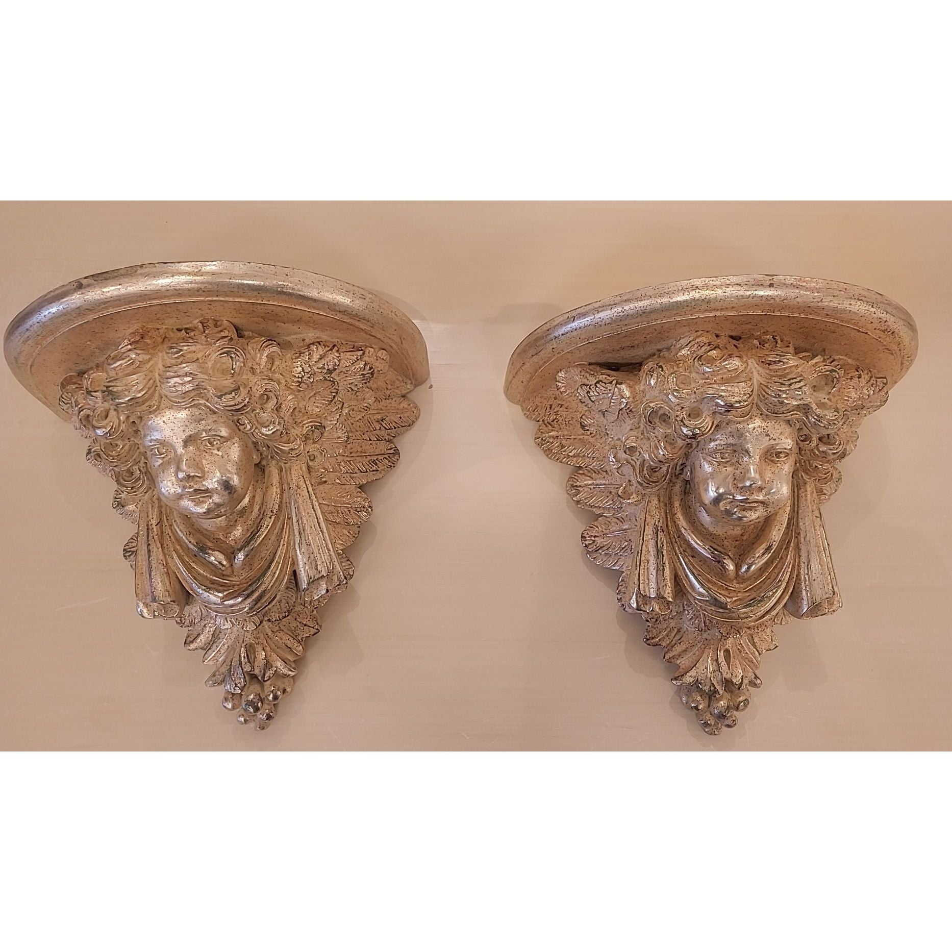 PAIR of Ornate Wood Cherub Wall Shelves