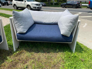 PAIR of White Wicker Slimline Lounge Chairs w/ Navy Cushions by Dedon