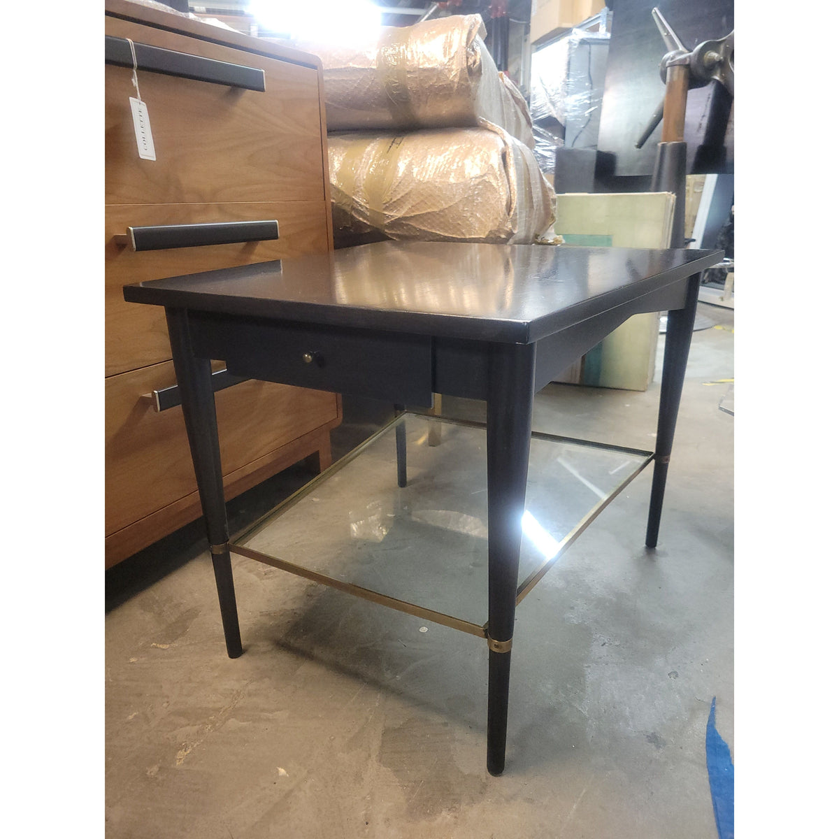 Paul McCobb Modern Walnut & Brass Trapezoidal Table w/ Glass Shelf - colletteconsignment.com