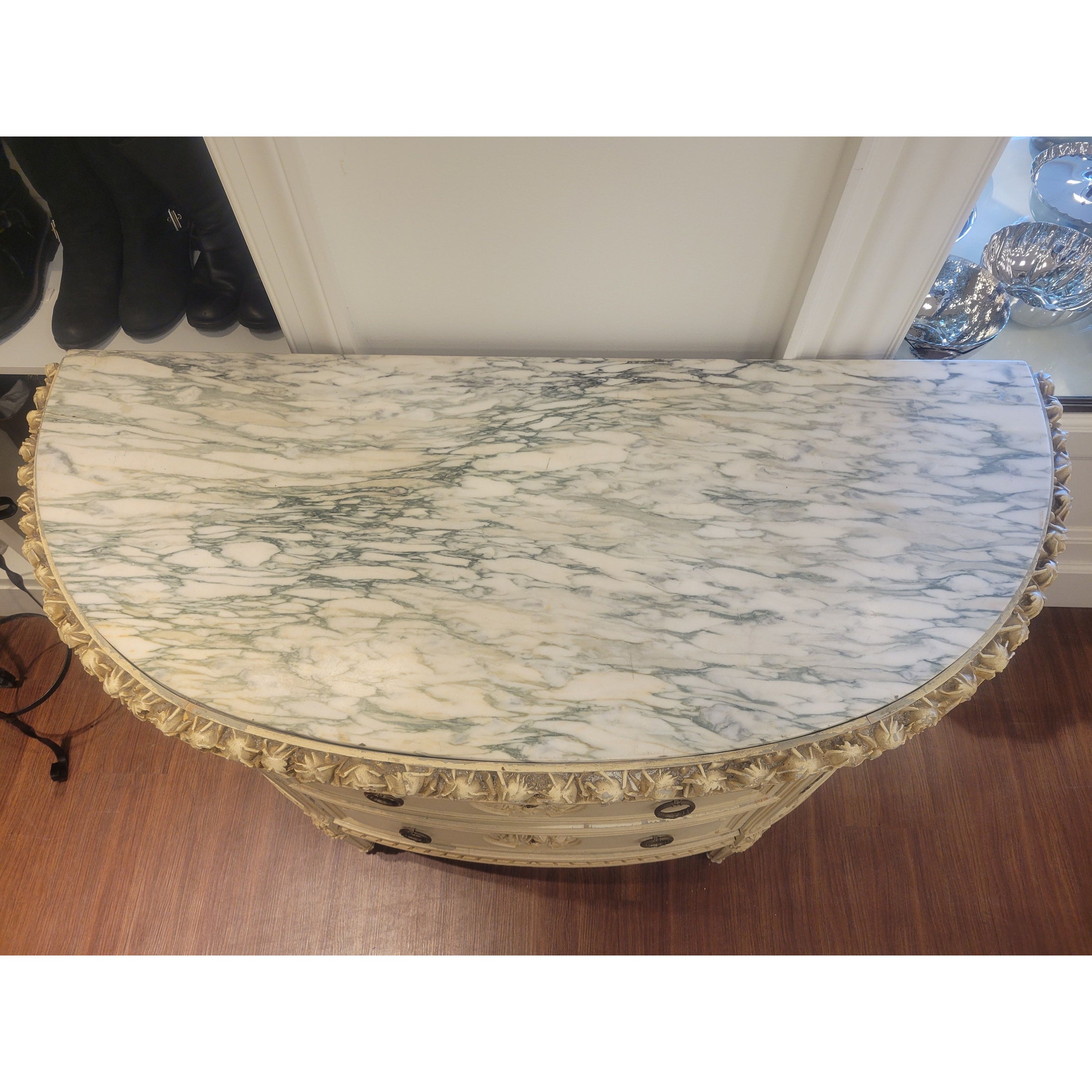 Vintage Demilune Commode w/ Carved Roses & Marble Top (AS IS)