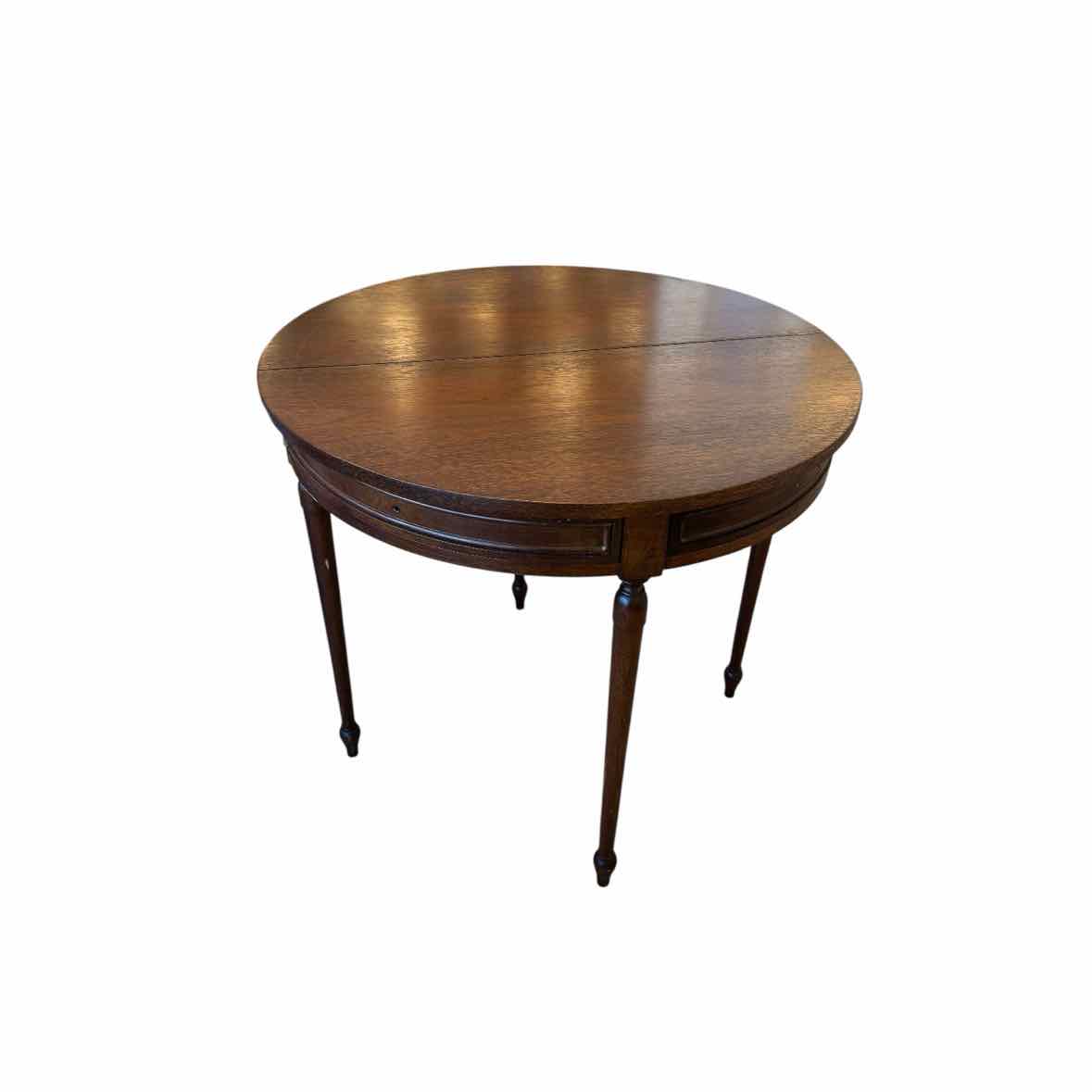 Vintage Folding Wood Demilune Table w/ Extendable Top & 2 Drawers