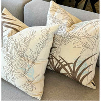 Pair of Turquoise & Tan  Leaf Pattern on Cream Throw Pillows, 18"Sq