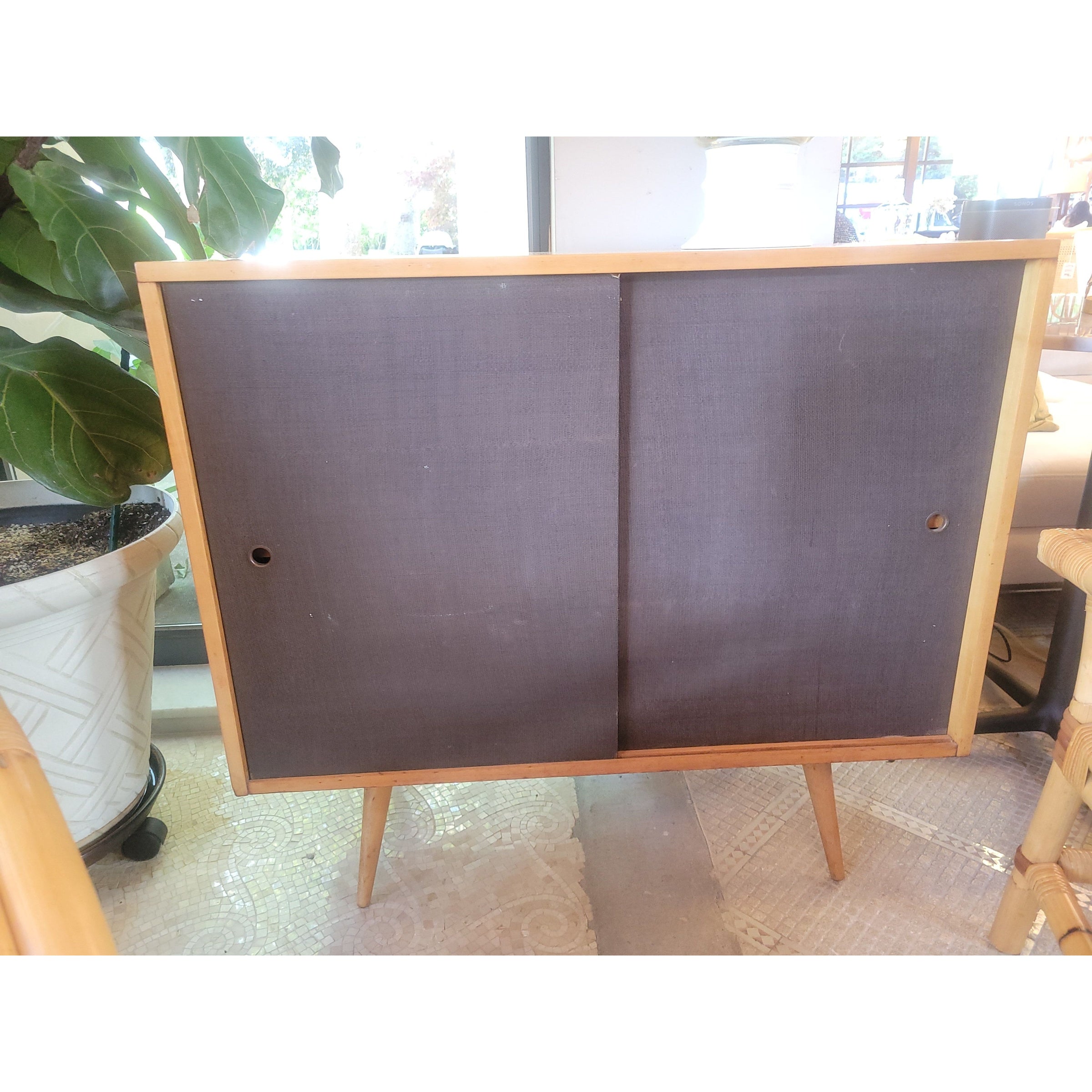 3-ft Mid-Century Maple Cabinet w/ Sliding Grasscloth Doors by Paul McCobb